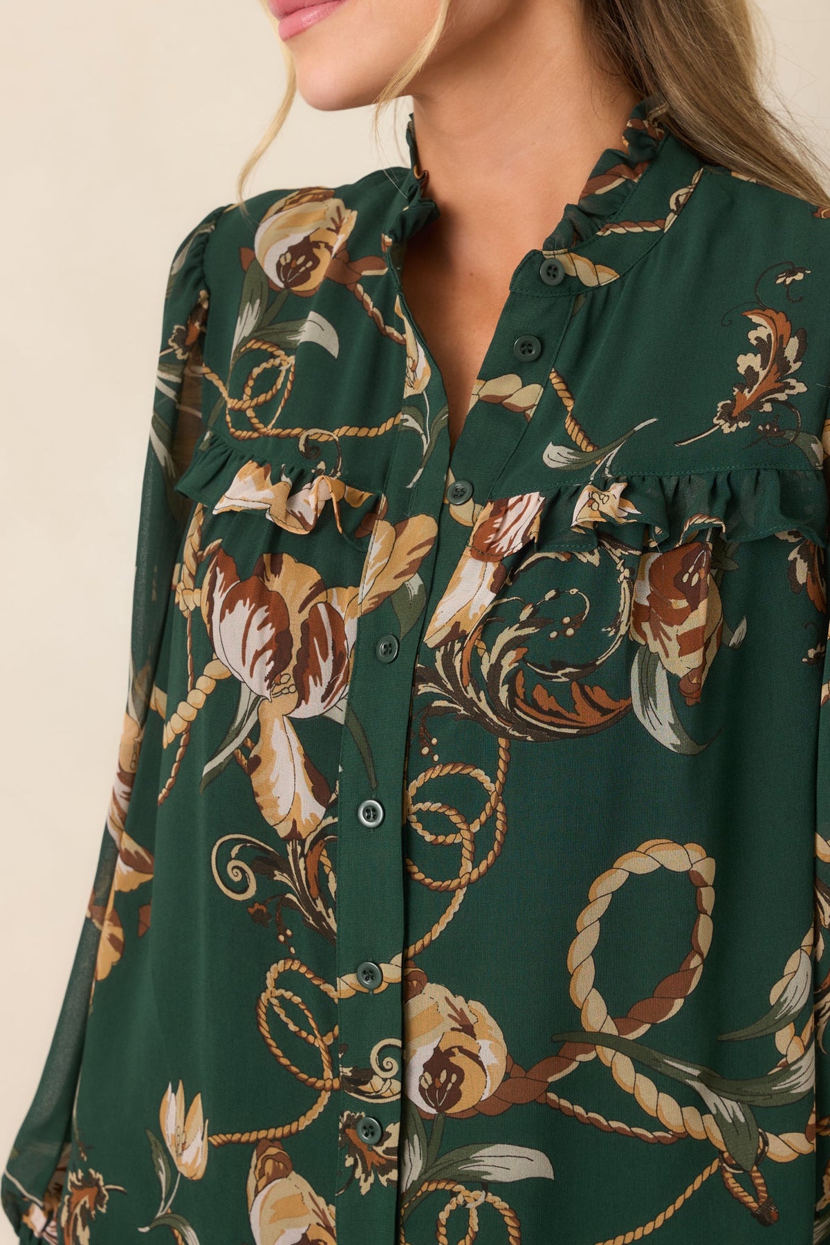 Out at the Estate Forest Green Floral Rope Print Ruffle Blouse