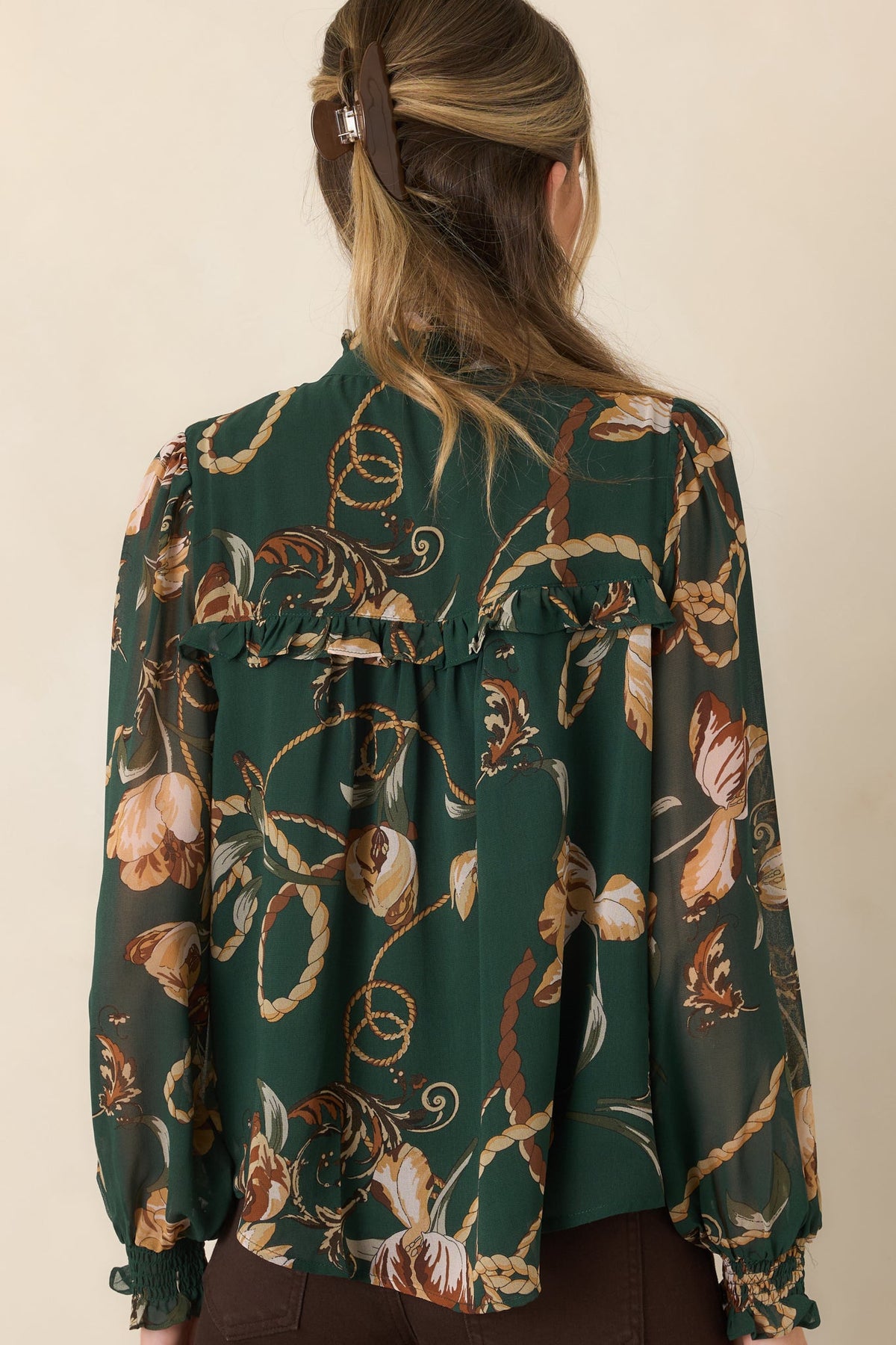 Out at the Estate Forest Green Floral Rope Print Ruffle Blouse