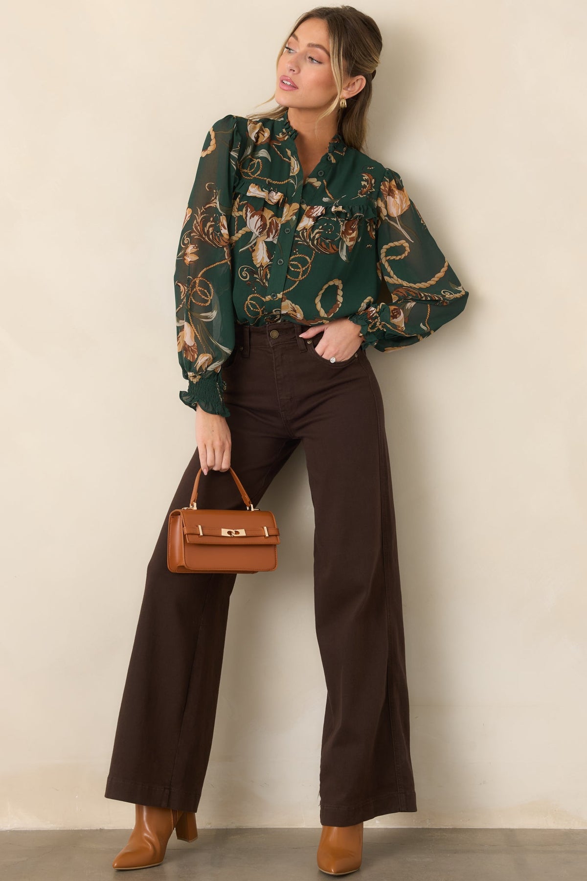 Out at the Estate Forest Green Floral Rope Print Ruffle Blouse