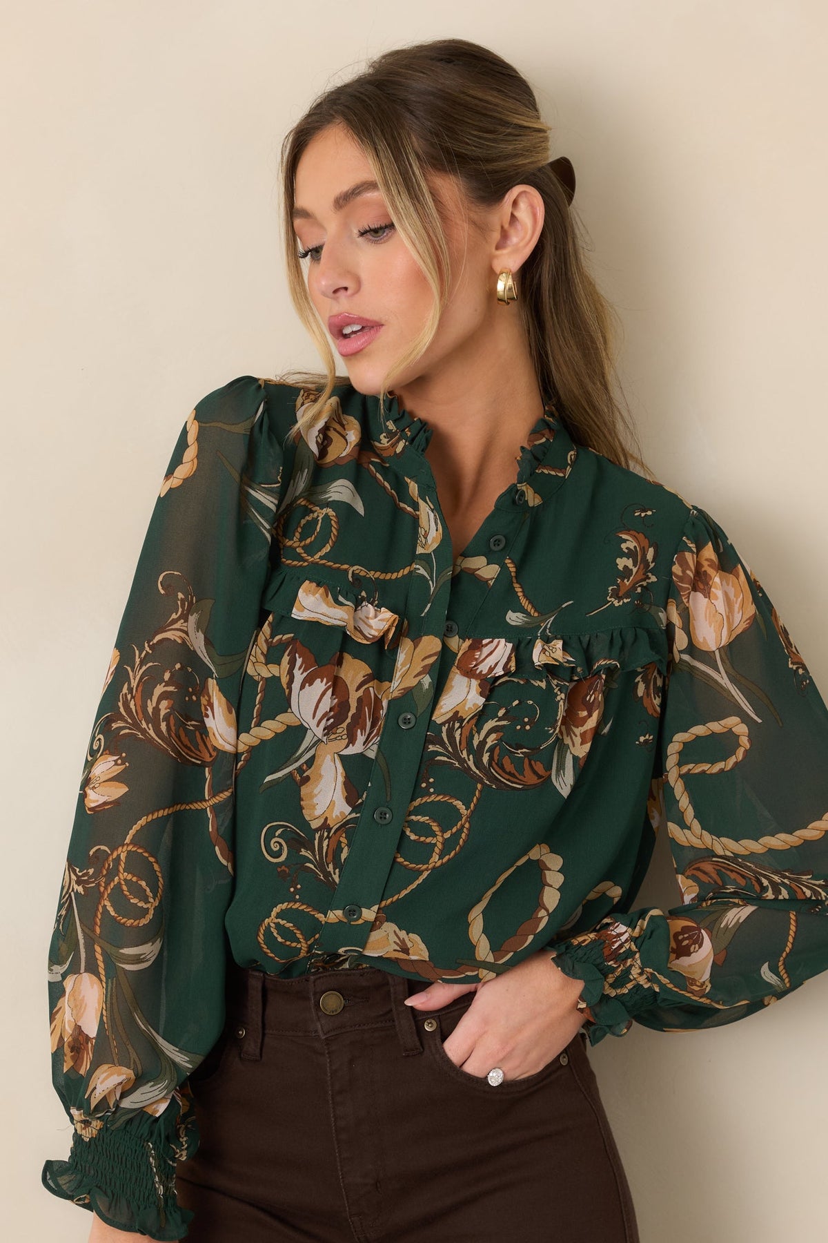 Out at the Estate Forest Green Floral Rope Print Ruffle Blouse