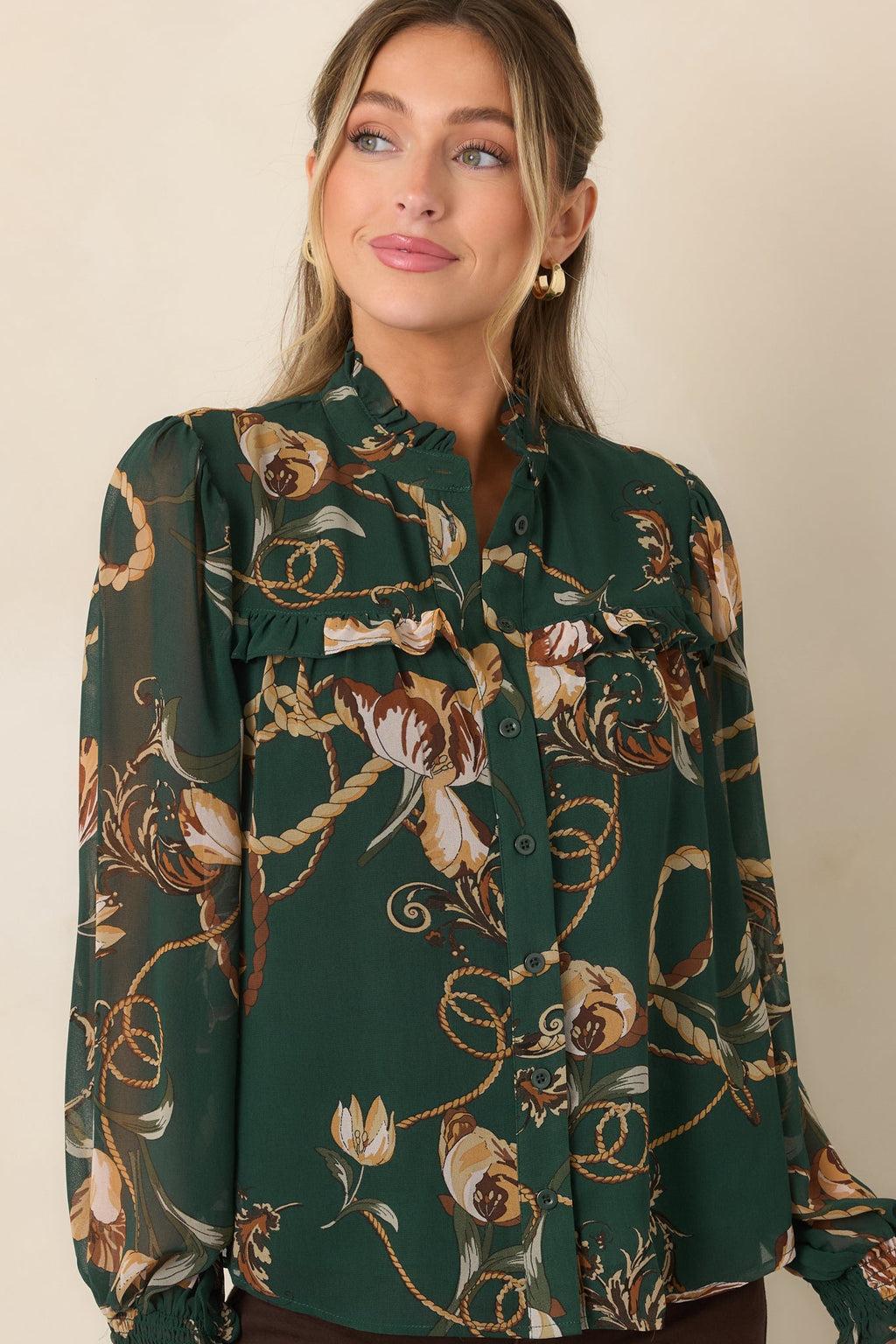 Out at the Estate Forest Green Floral Rope Print Ruffle Blouse