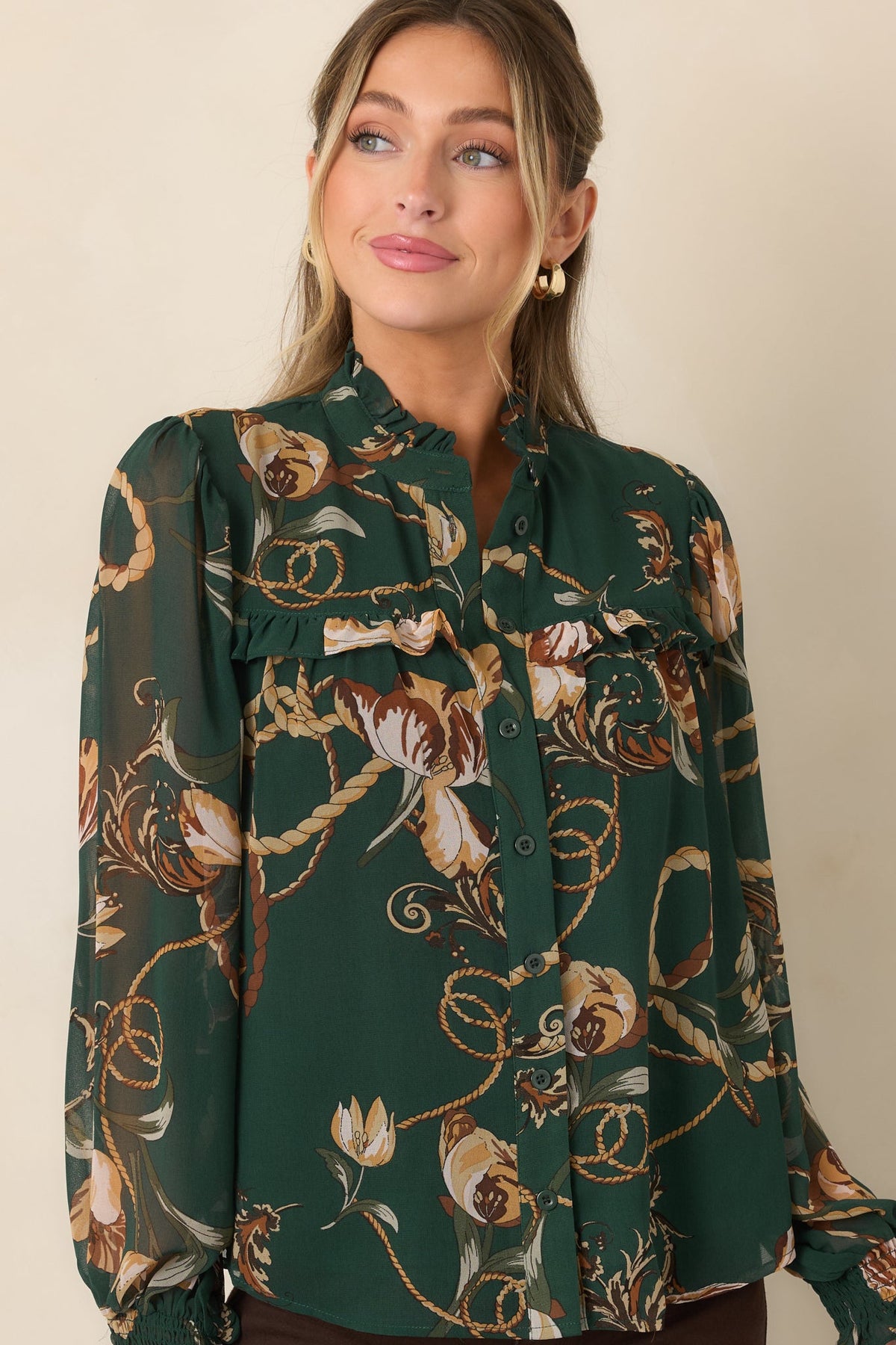 Out at the Estate Forest Green Floral Rope Print Ruffle Blouse
