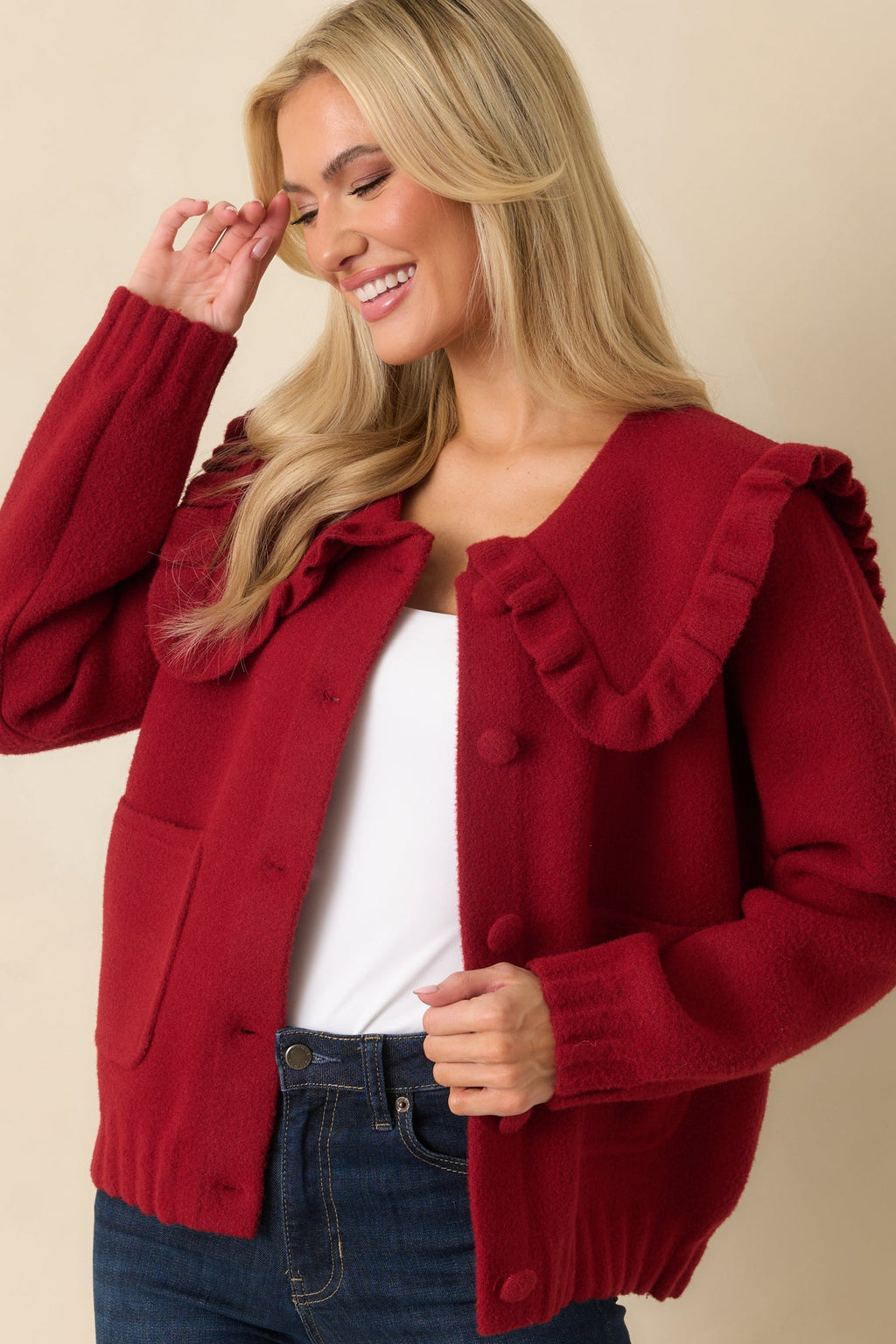 Frilled To Announce Cranberry Red Oversize Ruffle Collar Cardigan Sweater