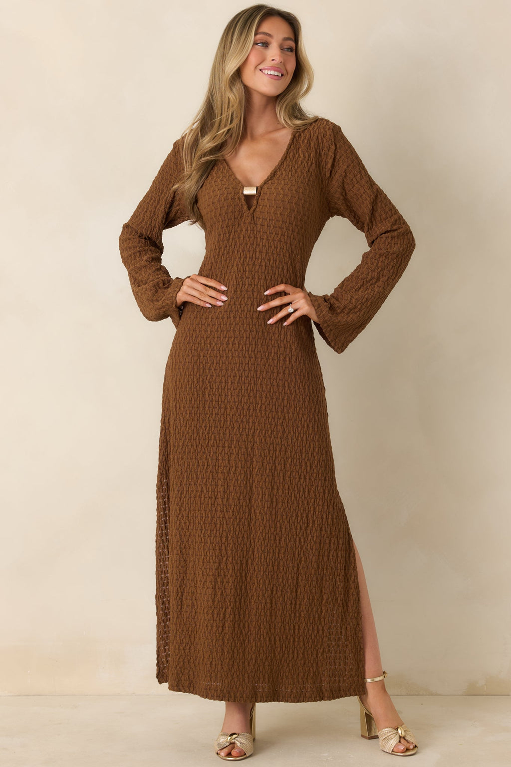 Just a Hint of Glam Brown Textured Semi-Sheer Long Sleeve Maxi Dress