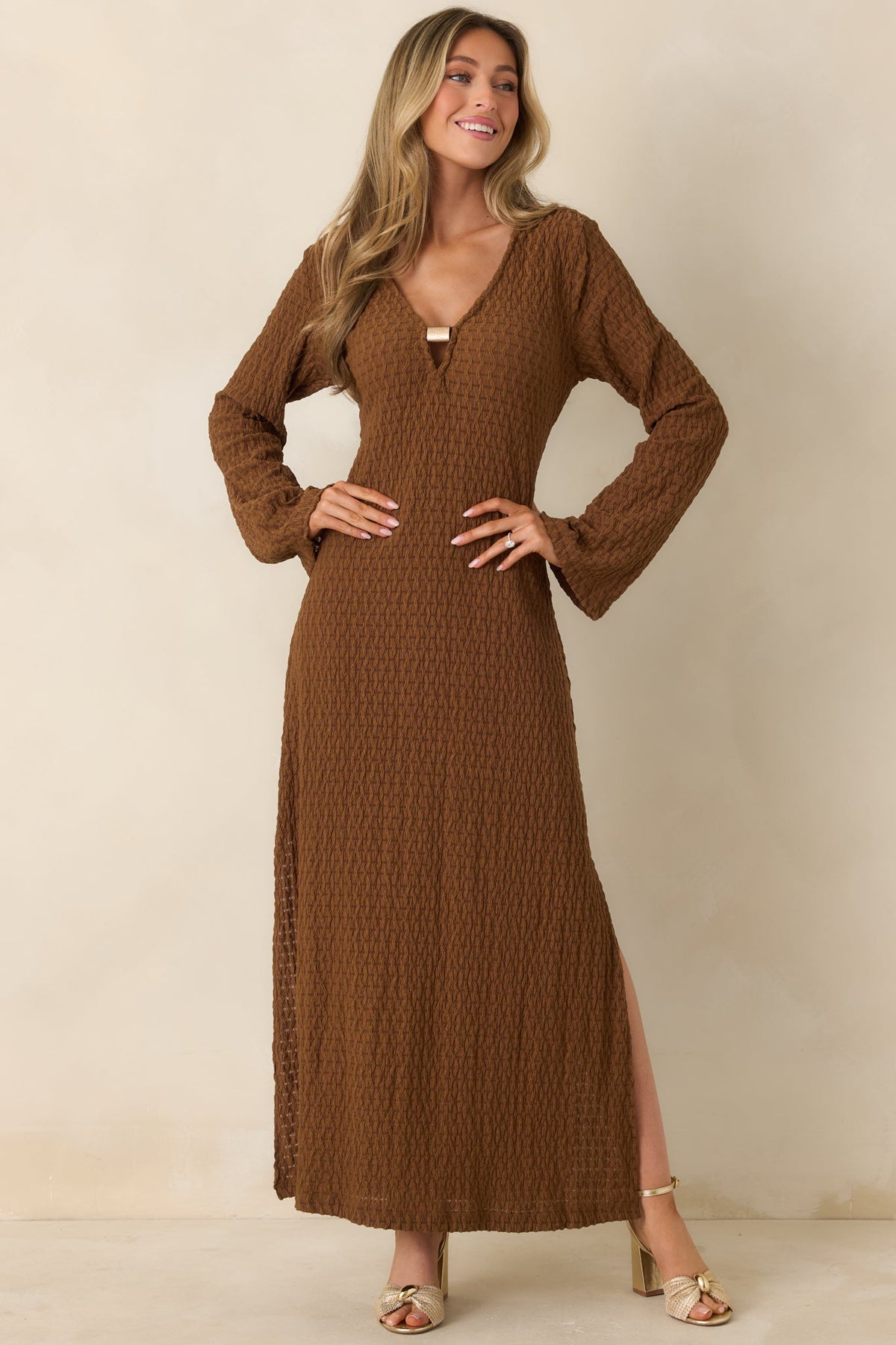Just a Hint of Glam Brown Textured Semi-Sheer Long Sleeve Maxi Dress
