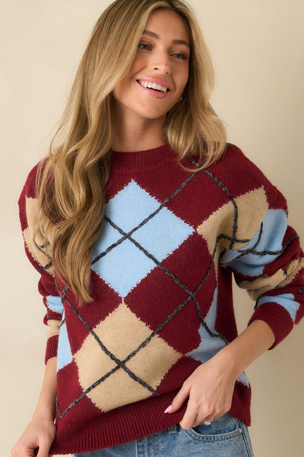 Check Back Later Burgundy Multi Argyle Knit Sweater