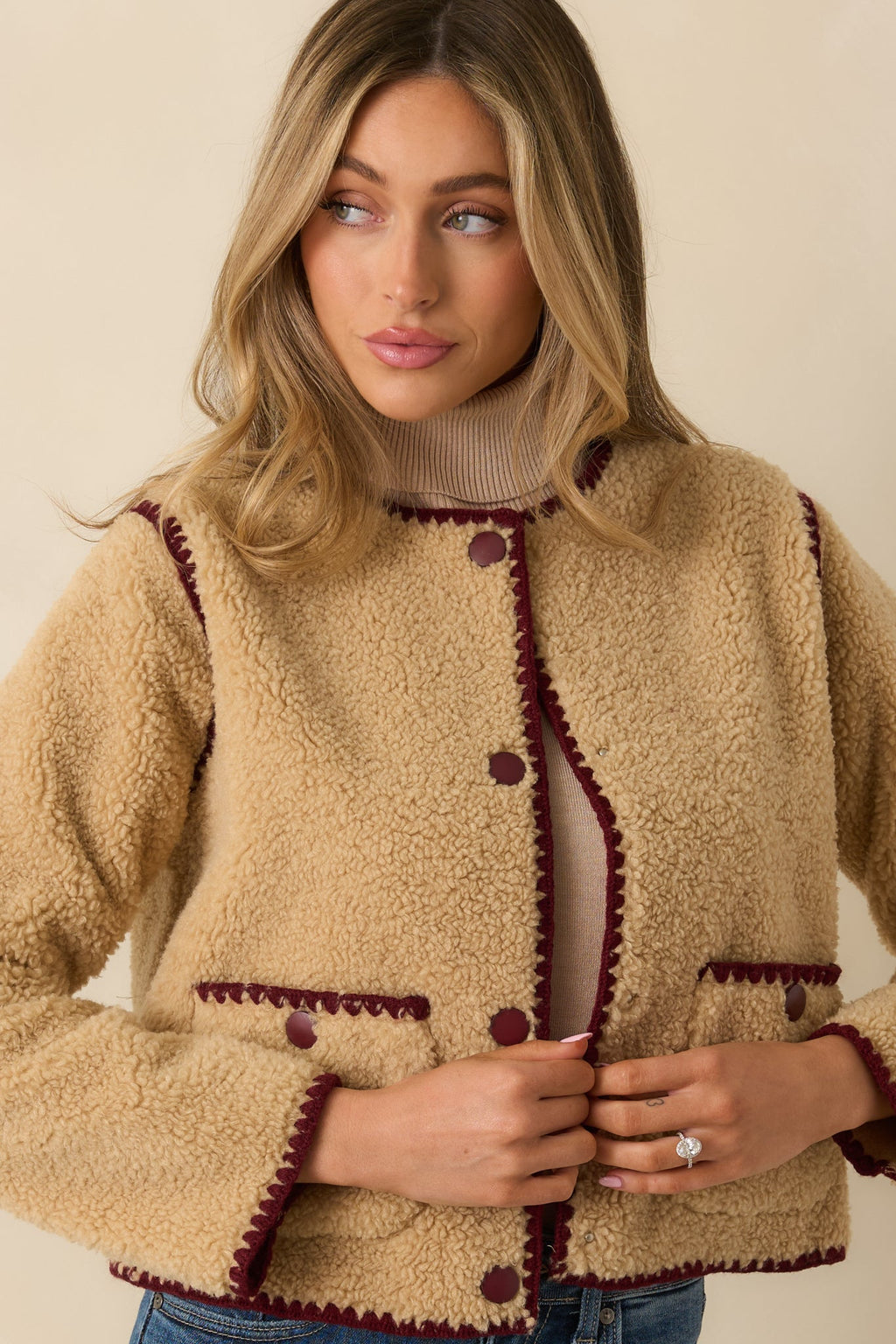 Bound to Be Cozy Beige & Burgundy Contrast Stitch Sherpa Jacket