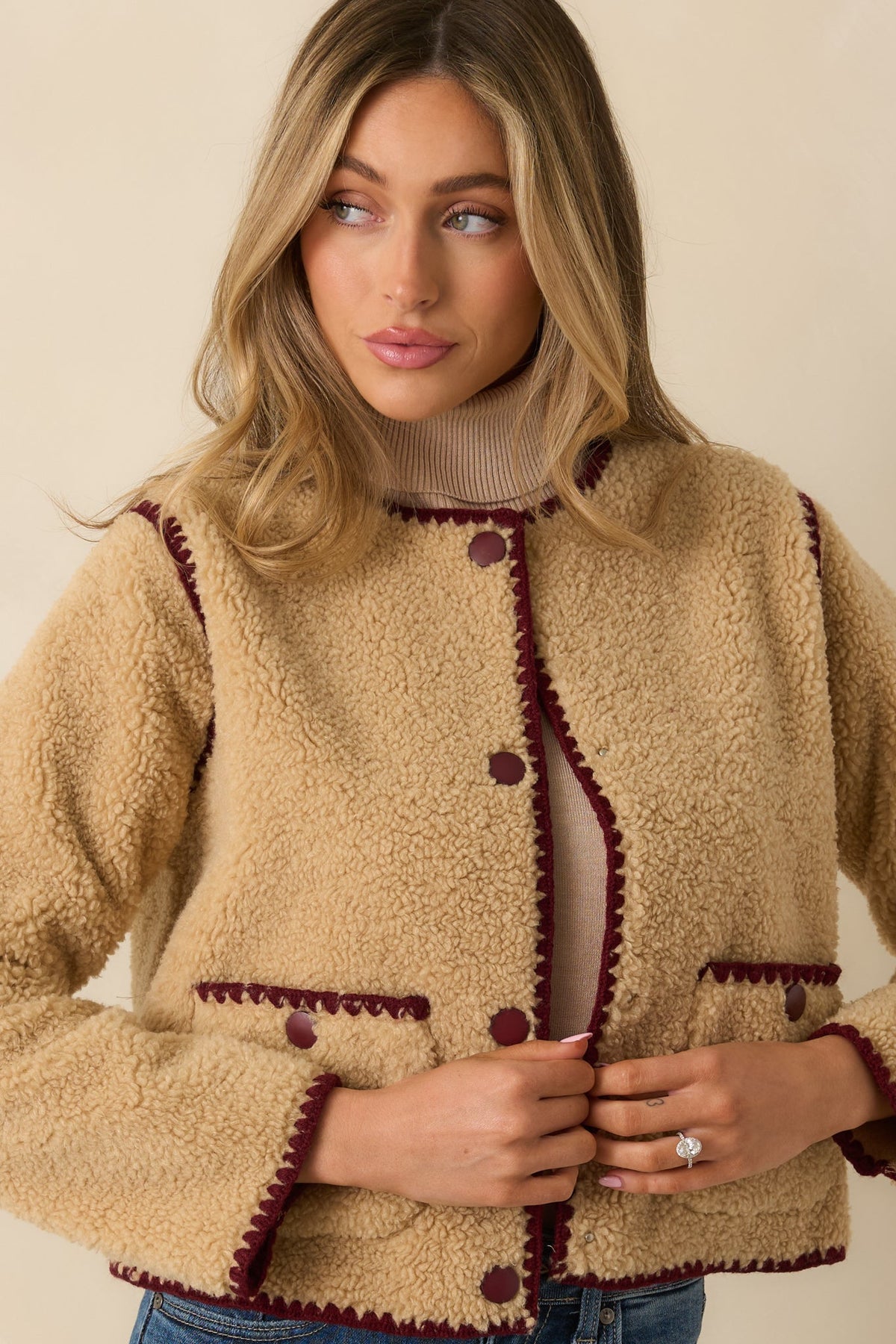 Bound to Be Cozy Beige & Burgundy Contrast Stitch Sherpa Jacket