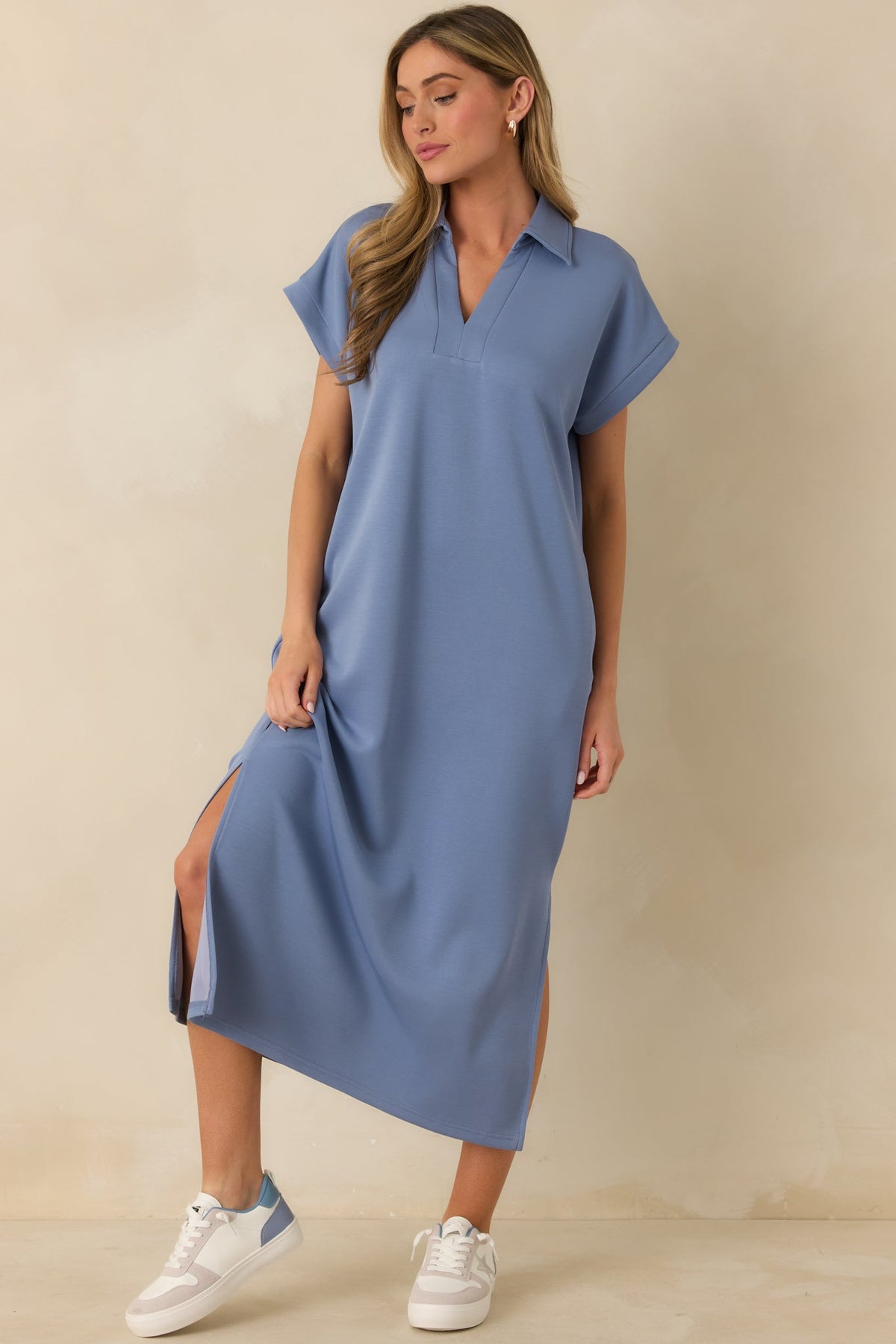 Made The Right Call Chambray Blue Collared Midi T-Shirt Dress