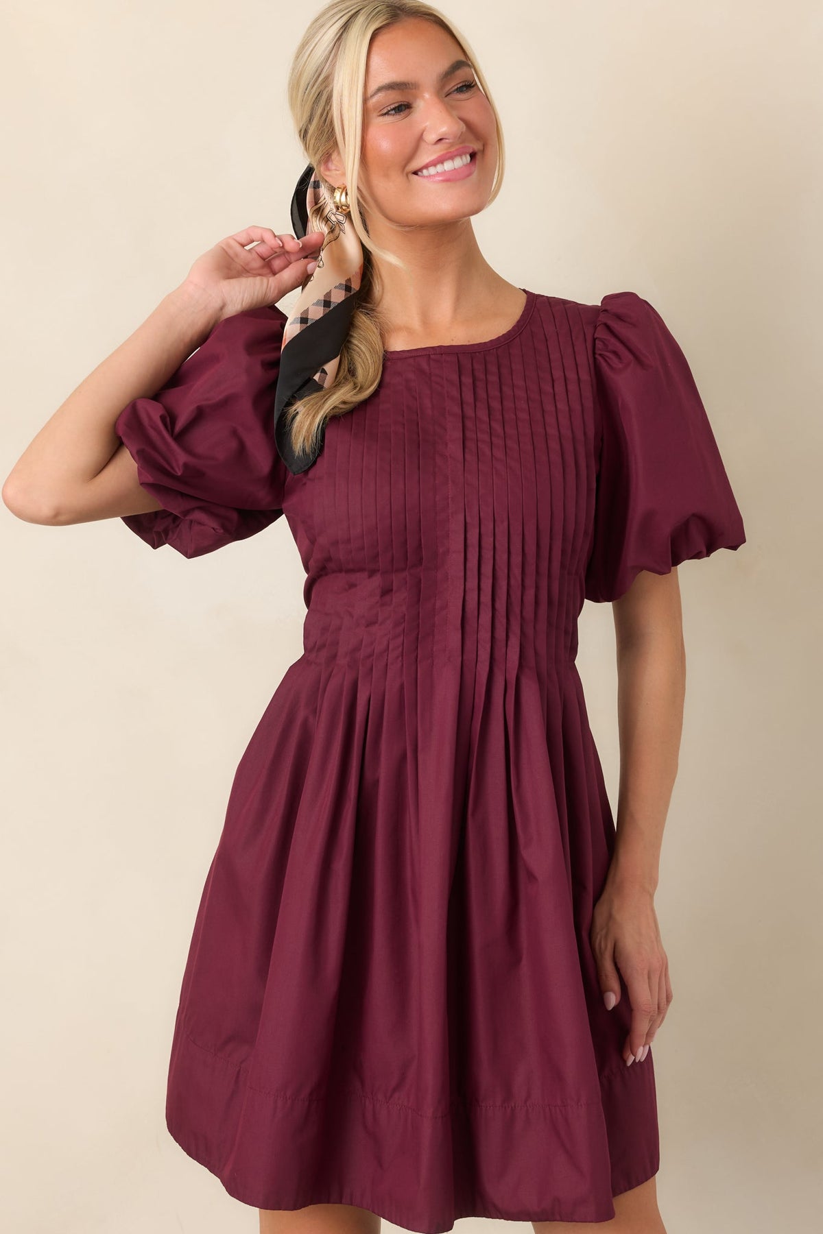 Pleats to Meet You Merlot Purple Pintuck Puff Sleeve Mini Dress