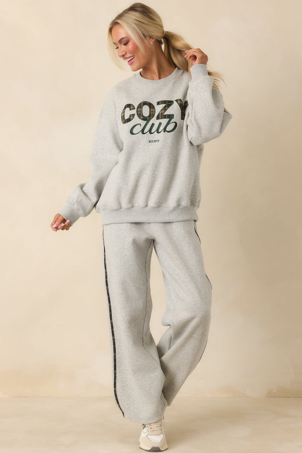 Cozy Club Heather Grey Plaid Stripe Sweatpants