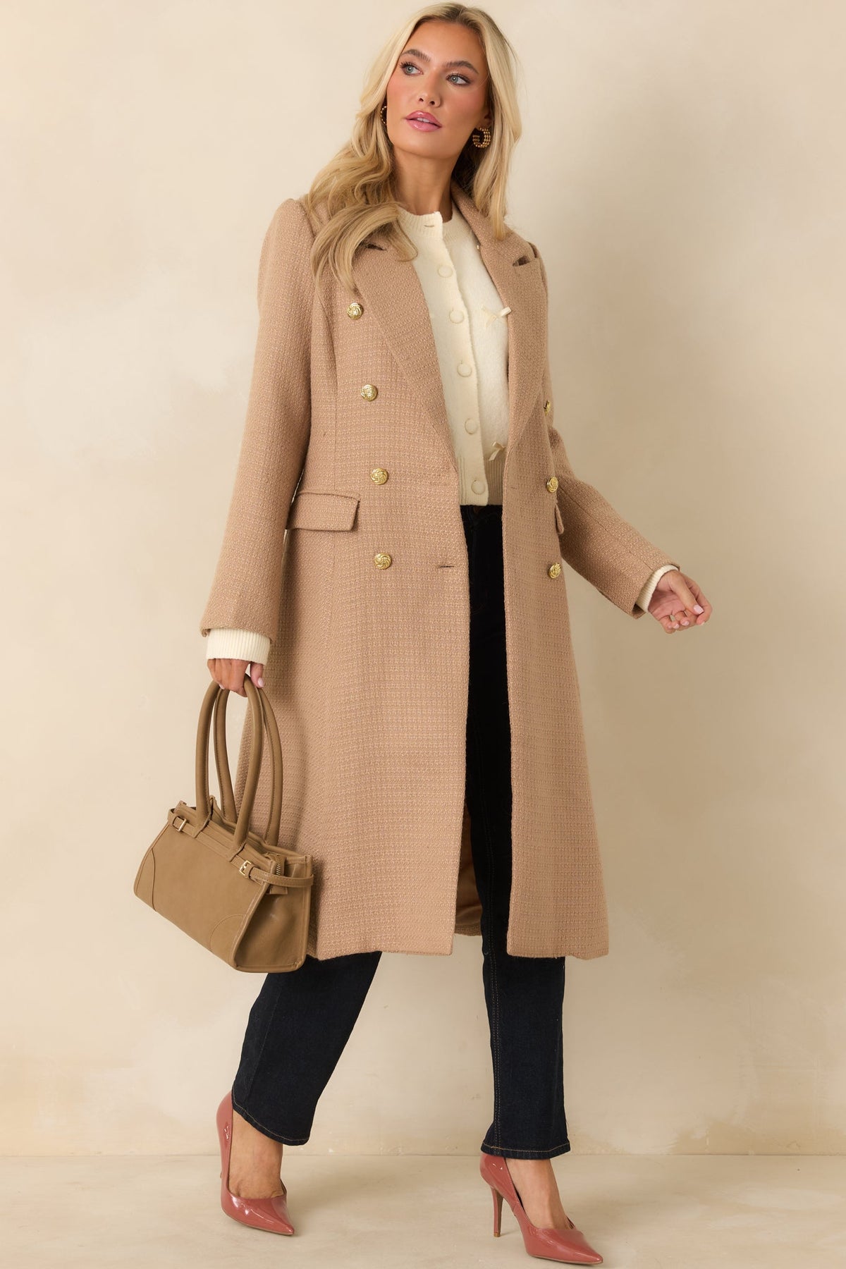 Get to It Camel Textured Woven Tailored Double-Breasted Topcoat