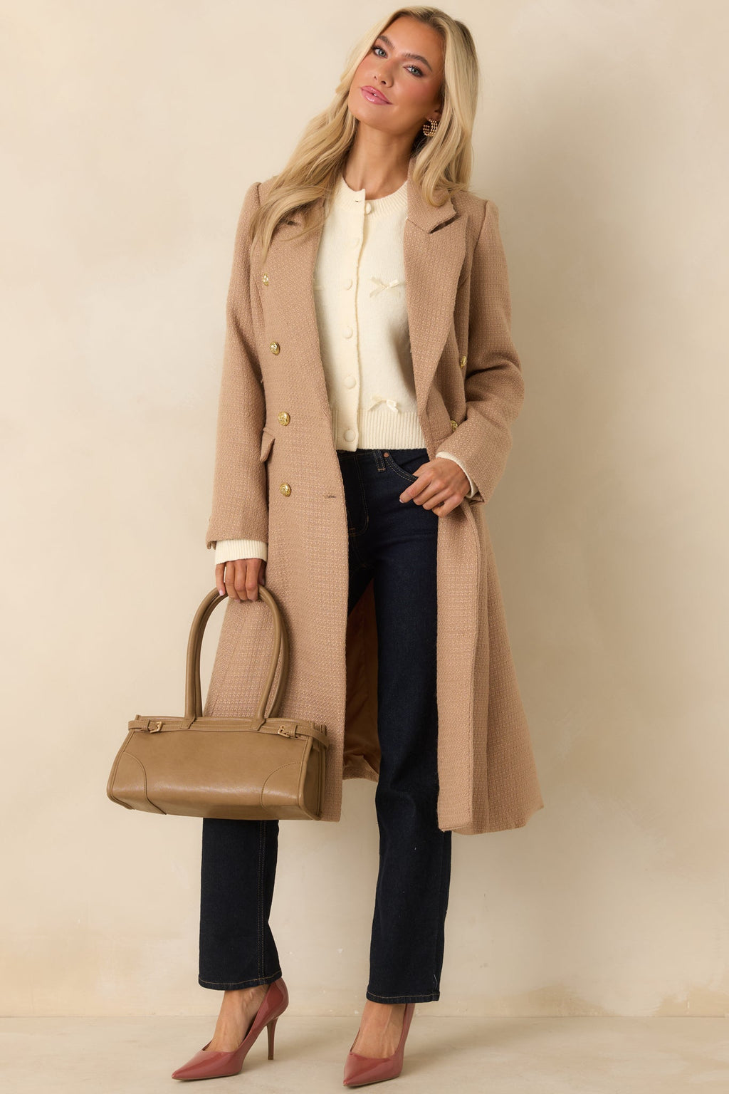 Get to It Camel Textured Woven Tailored Double-Breasted Topcoat