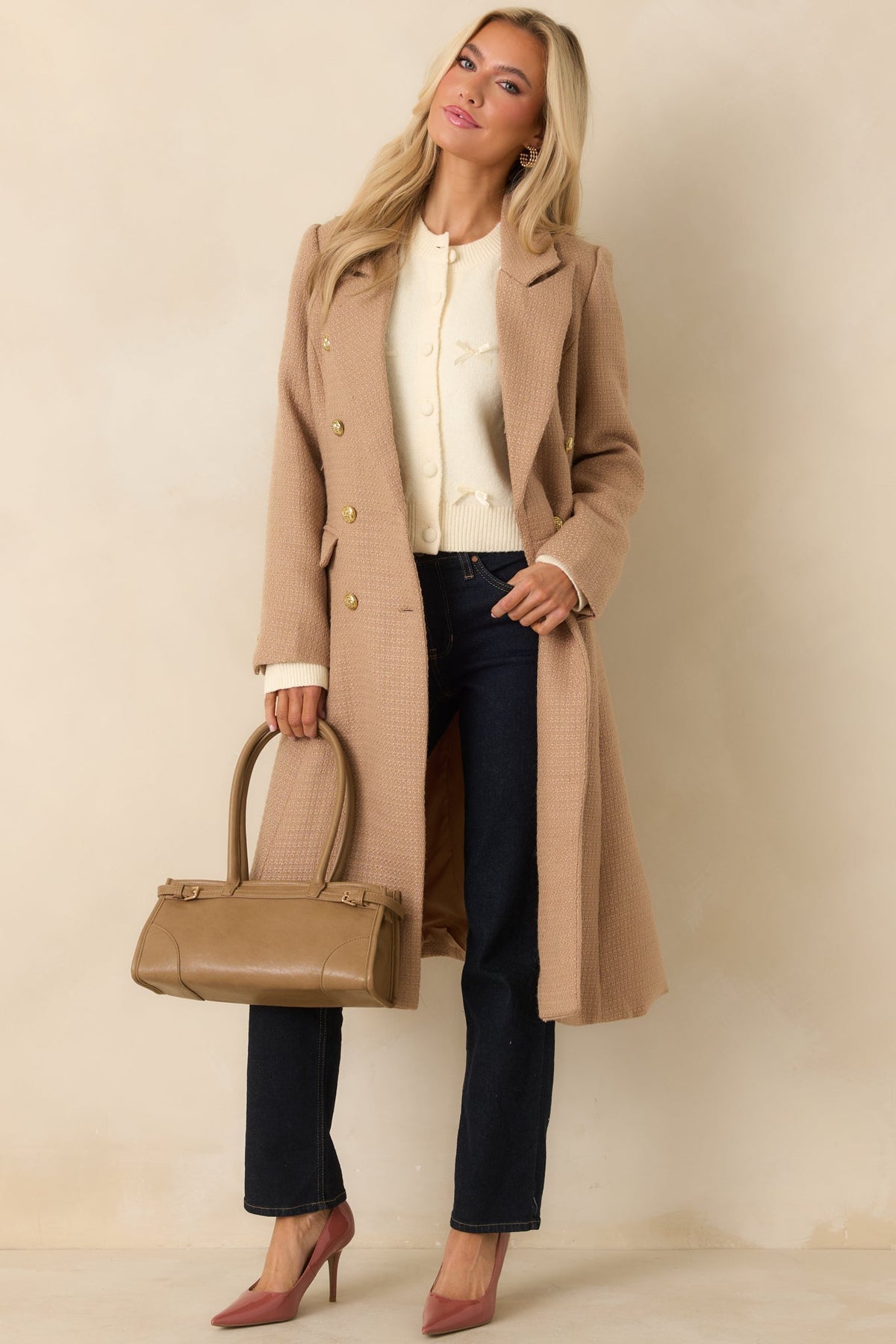 Get to It Camel Textured Woven Tailored Double-Breasted Topcoat