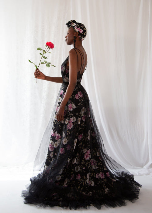 Black Floral Linen and Tulle Gown