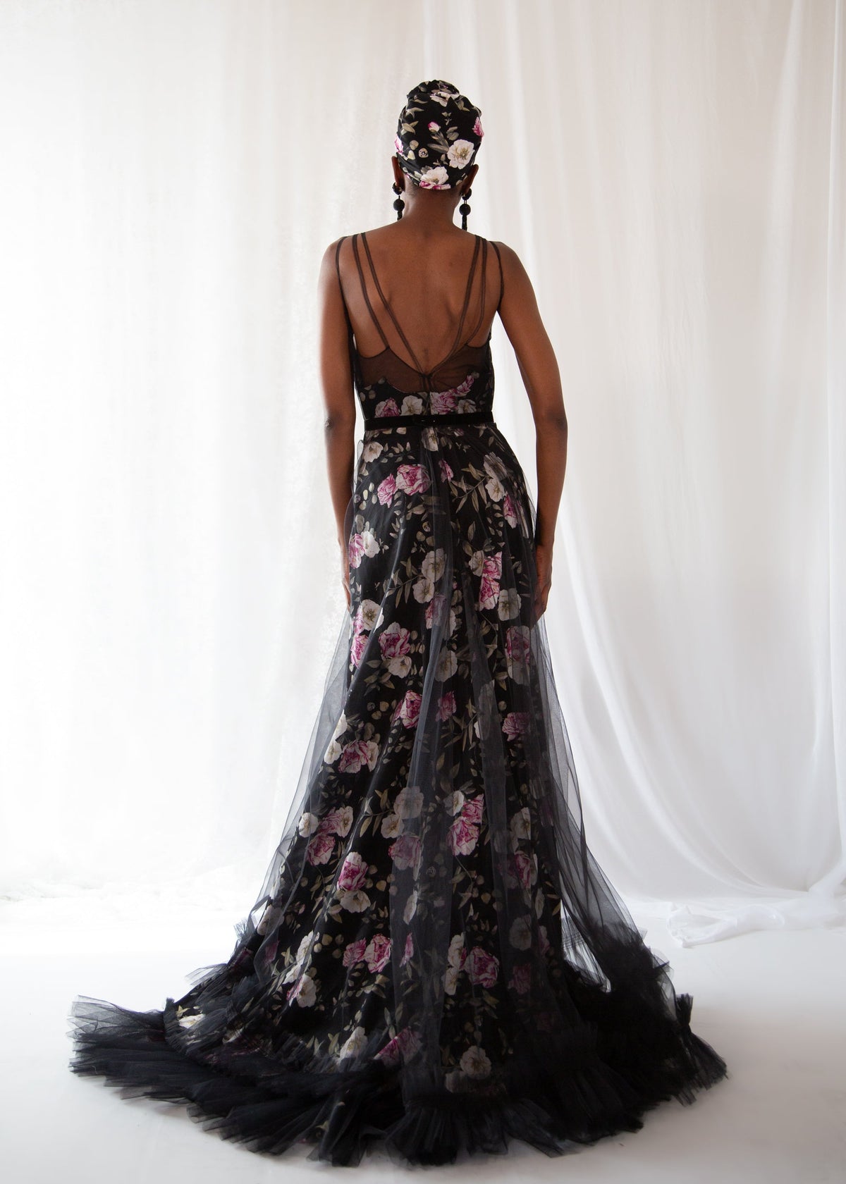 Black Floral Linen and Tulle Gown