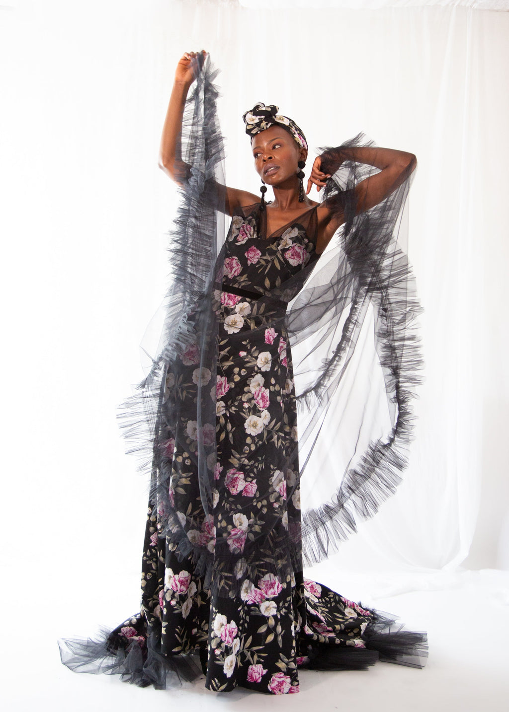 Black Floral Linen and Tulle Gown
