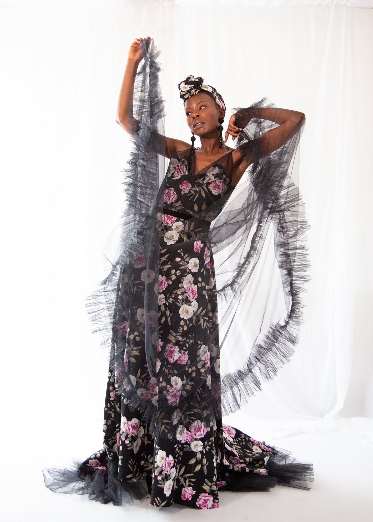 Black Floral Linen and Tulle Gown