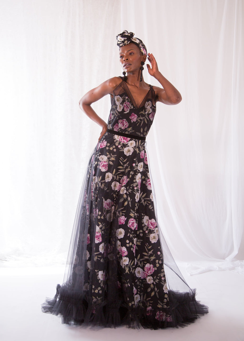 Black Floral Linen and Tulle Gown