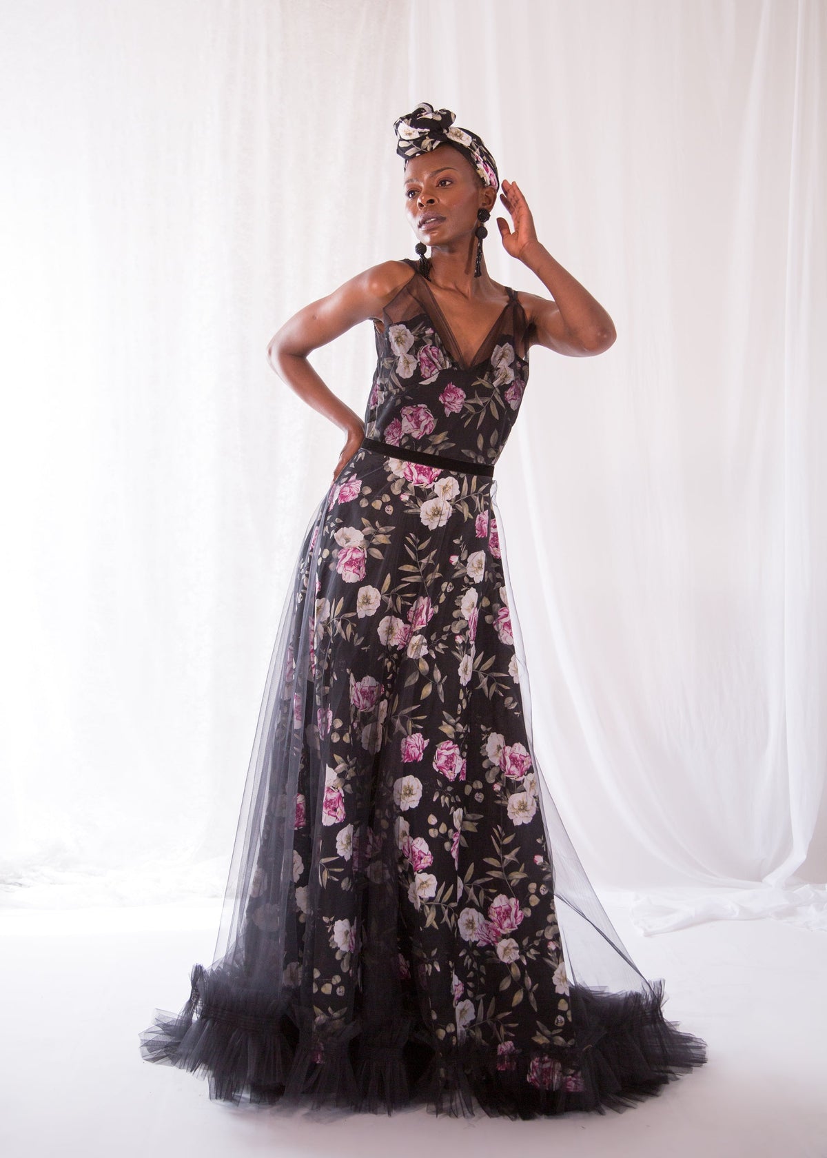 Black Floral Linen and Tulle Gown