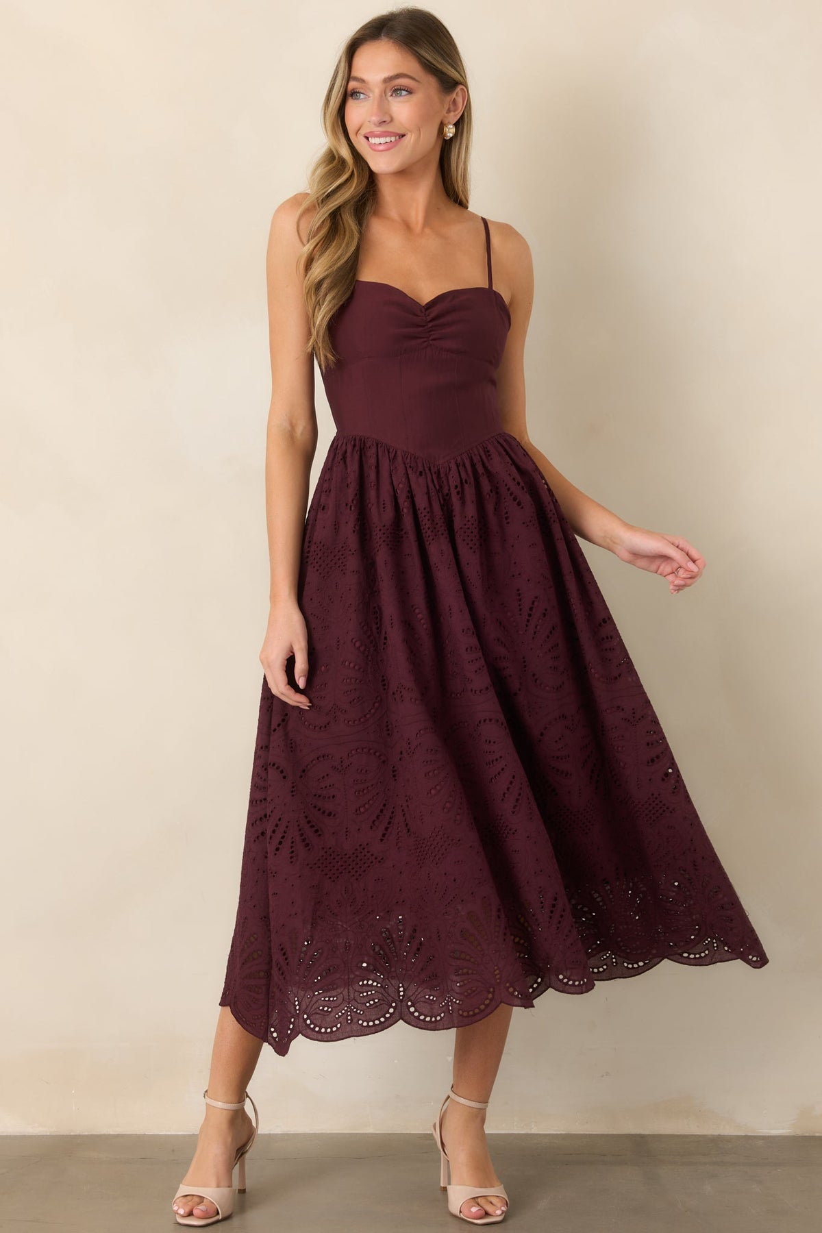 All the Romance Plum Eyelet Scallop Midi Dress