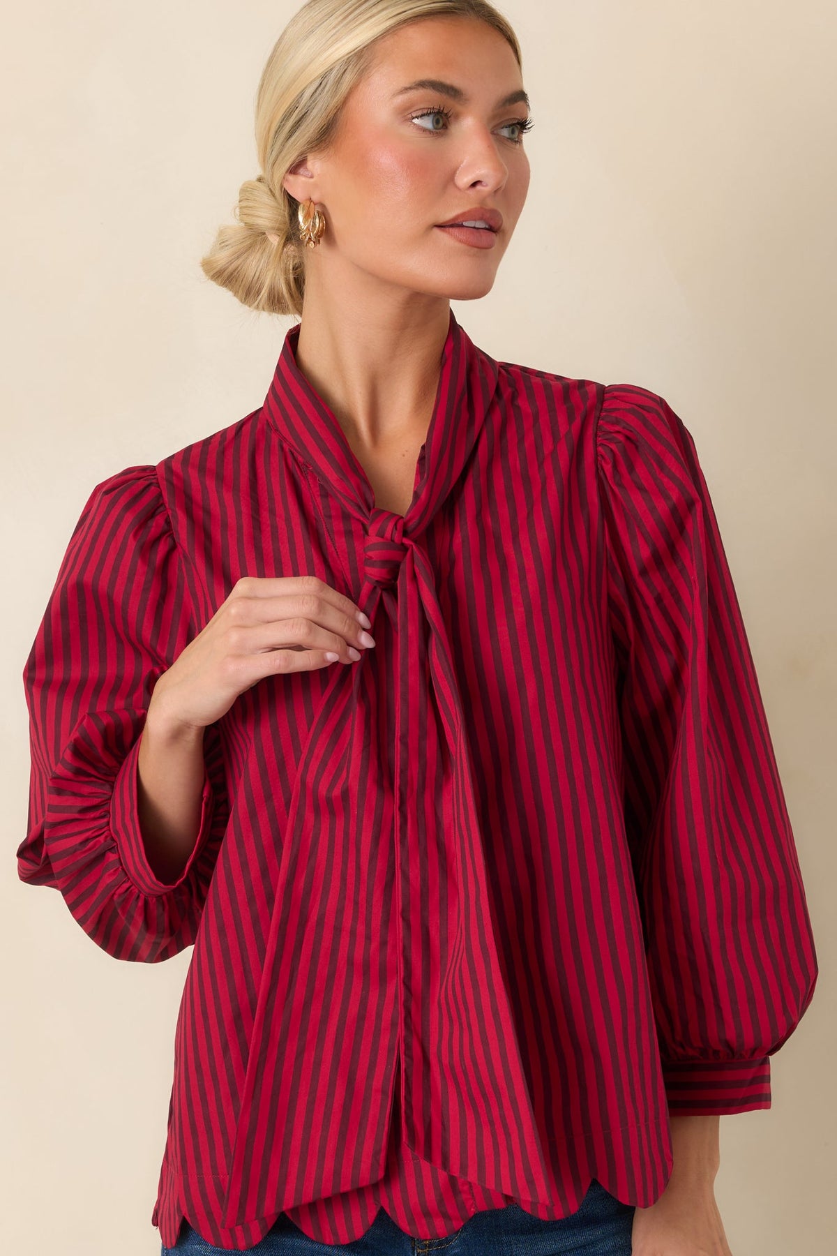 Read Between the Lines Red & Brown Stripe Tie Neck Blouse
