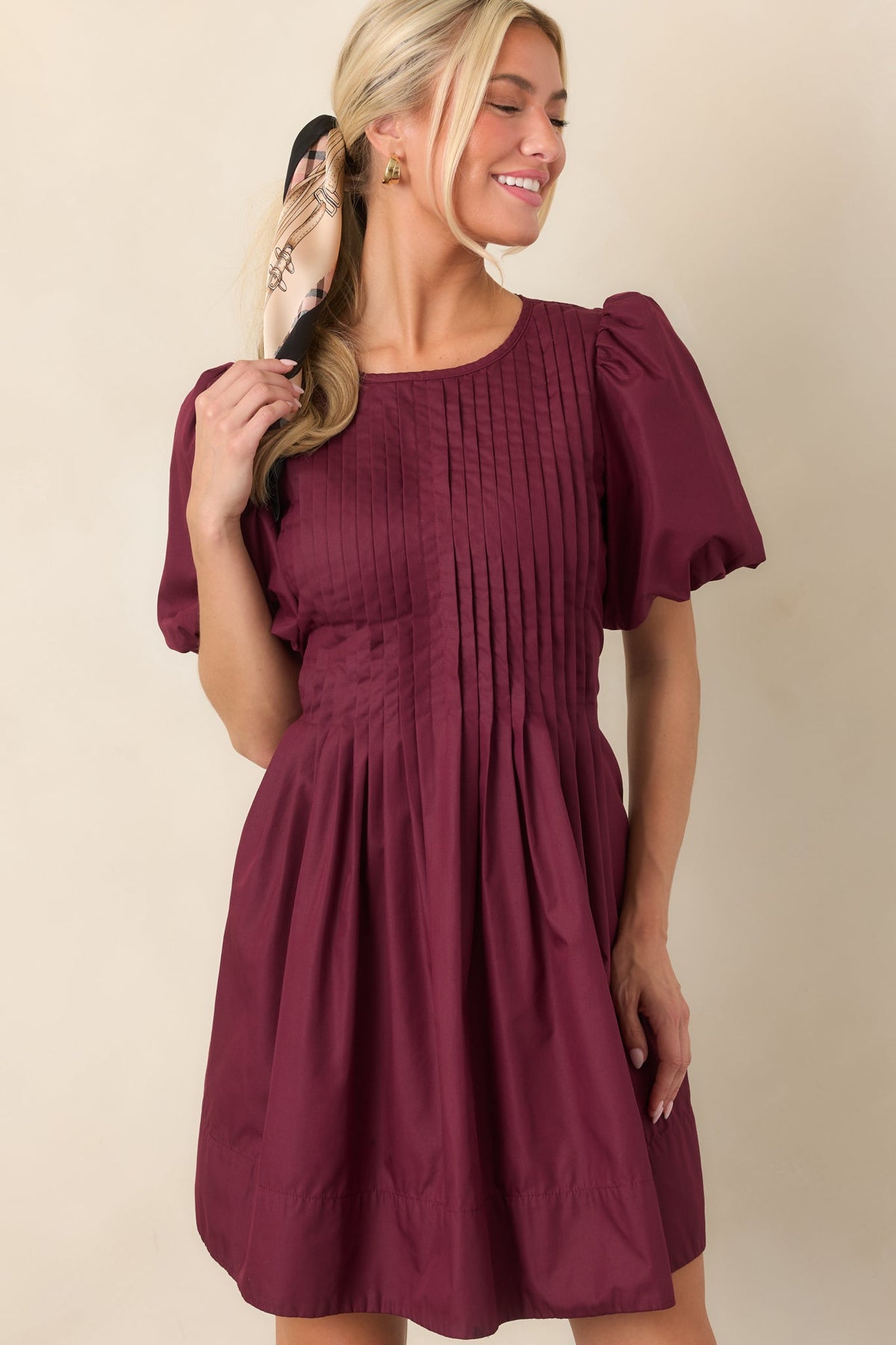 Pleats to Meet You Merlot Purple Pintuck Puff Sleeve Mini Dress