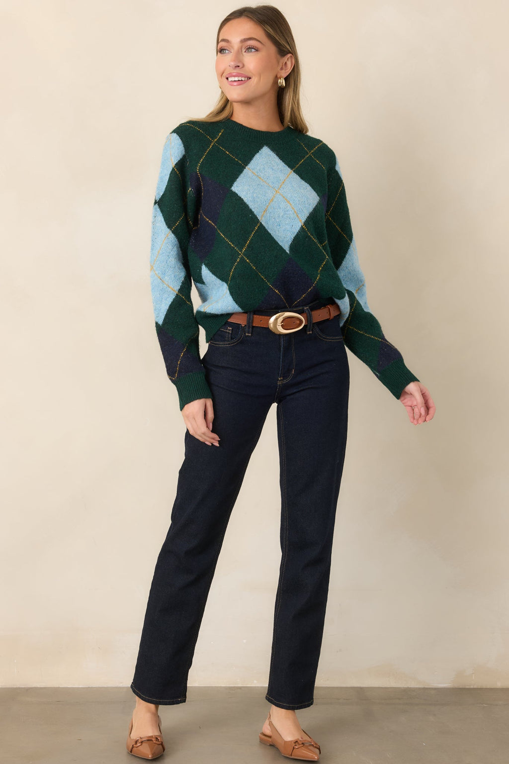It All Checks Out Hunter Green Multi Argyle Crewneck Sweater