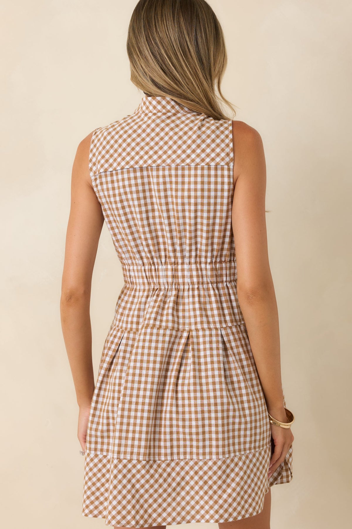 Made for Wandering Camel Gingham Sleeveless Mini Dress