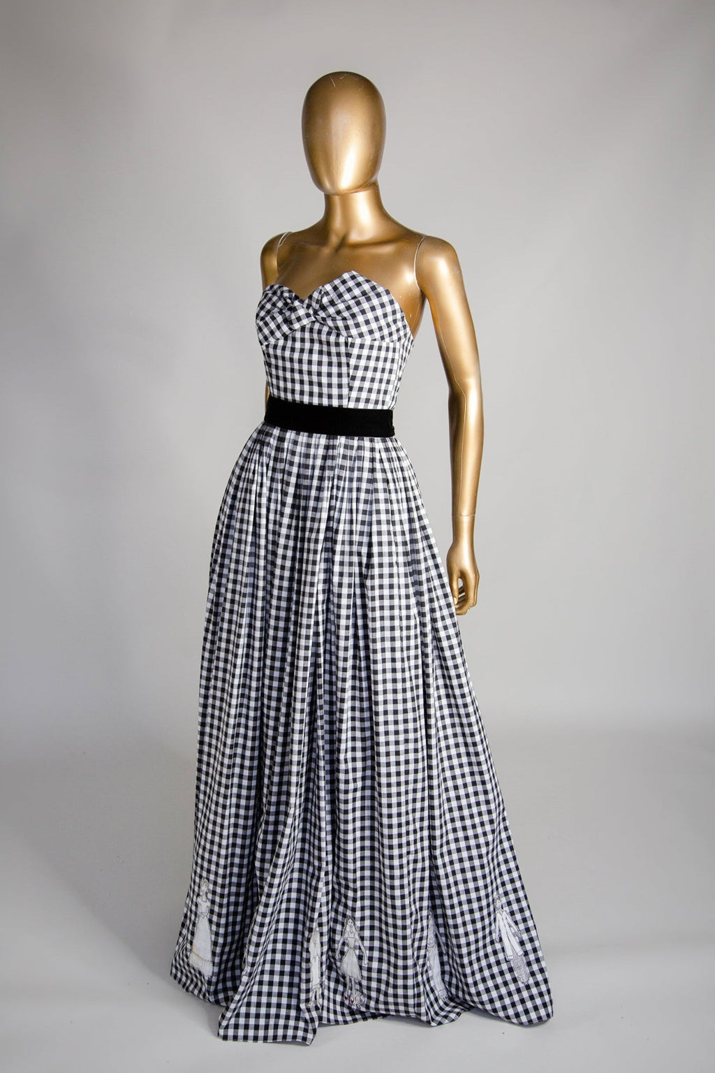Gingham - Black and White Cotton Ballgown Dress - S