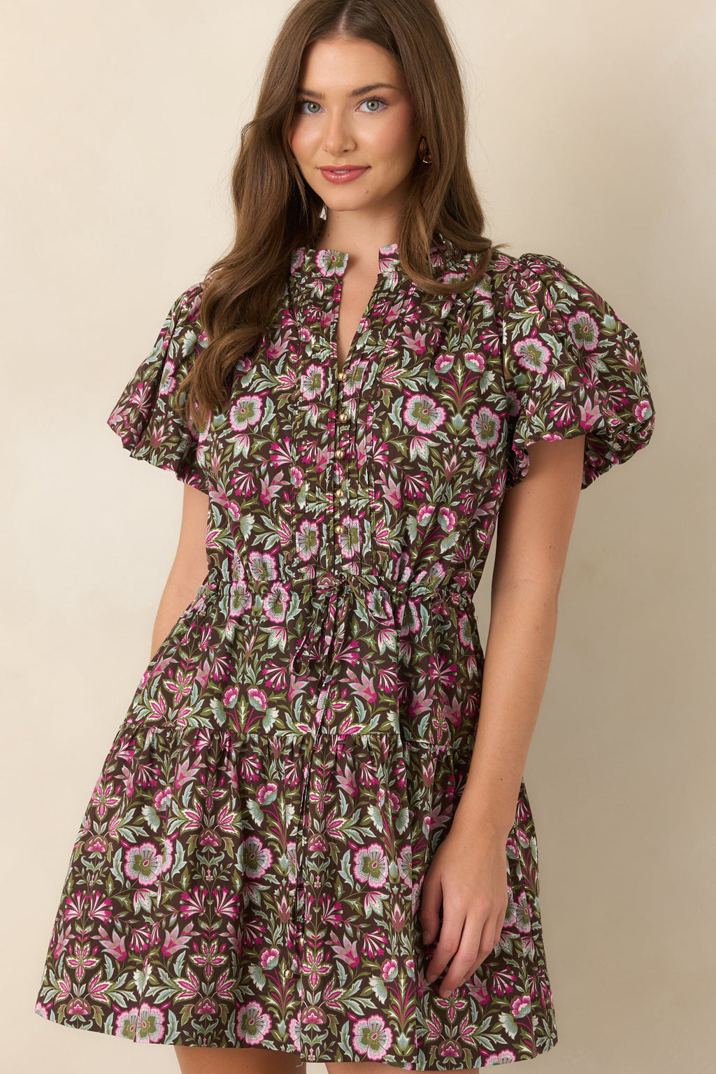 In the Garden Brown & Pink Multi Floral Cotton Mini Dress