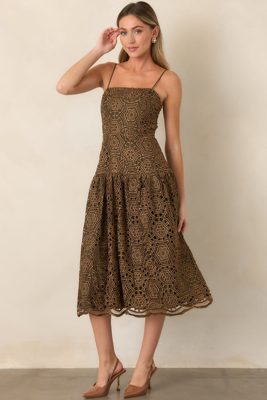 Save the Date Olive & Gold Metallic Lace Midi Dress