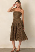 Save the Date Olive & Gold Metallic Lace Midi Dress