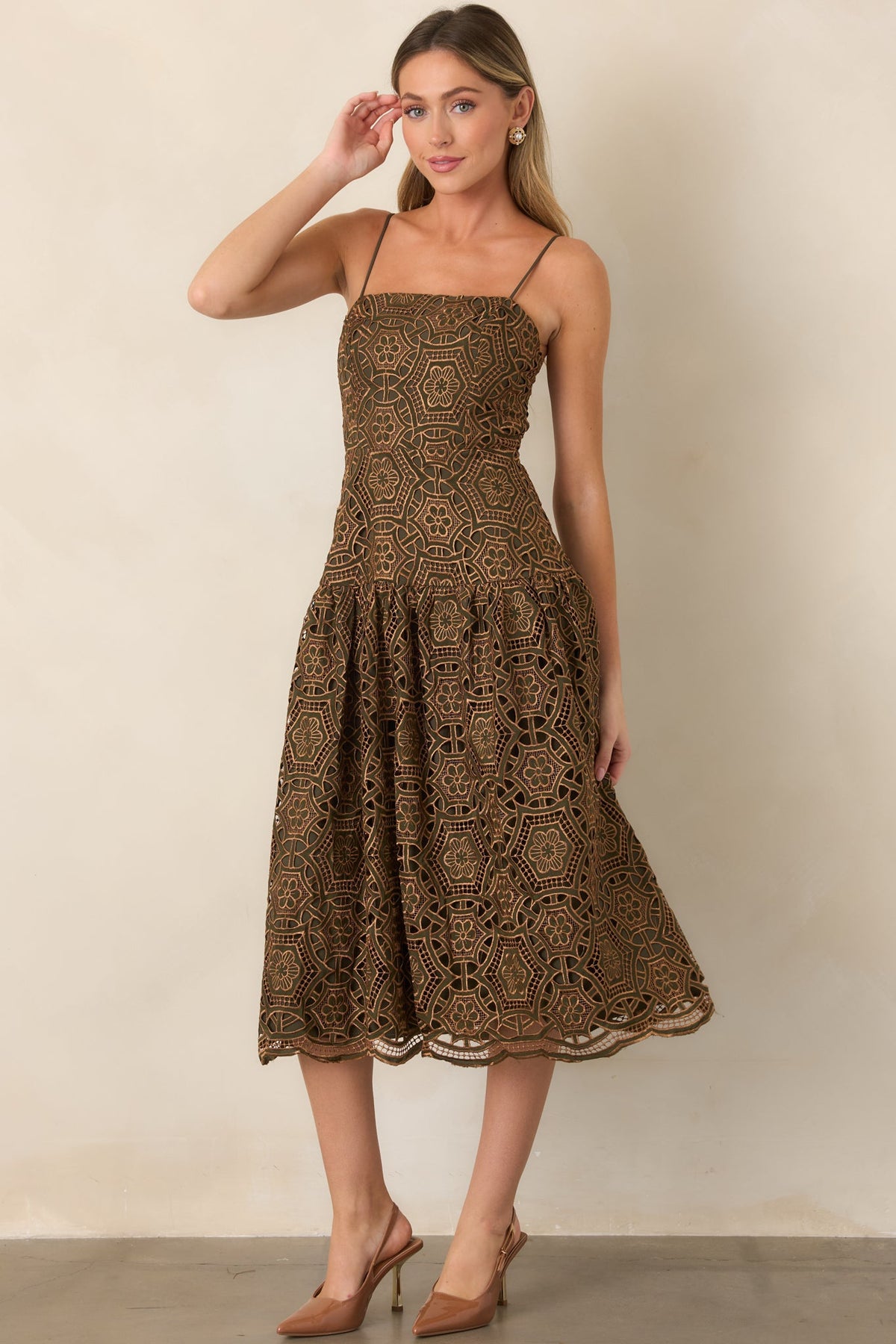 Save the Date Olive & Gold Metallic Lace Midi Dress
