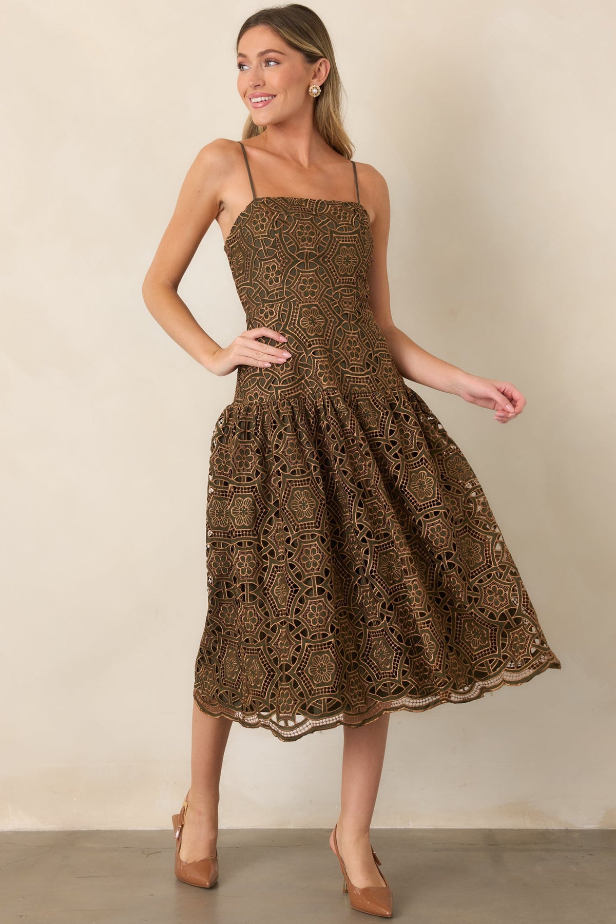 Save the Date Olive & Gold Metallic Lace Midi Dress