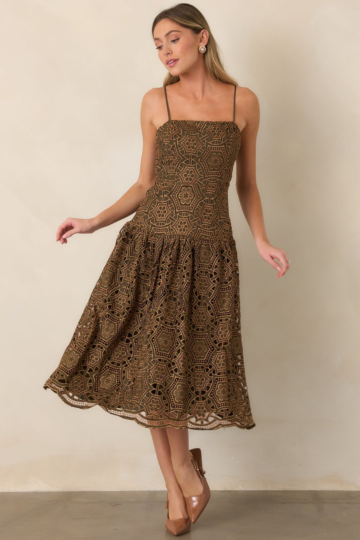 Save the Date Olive & Gold Metallic Lace Midi Dress
