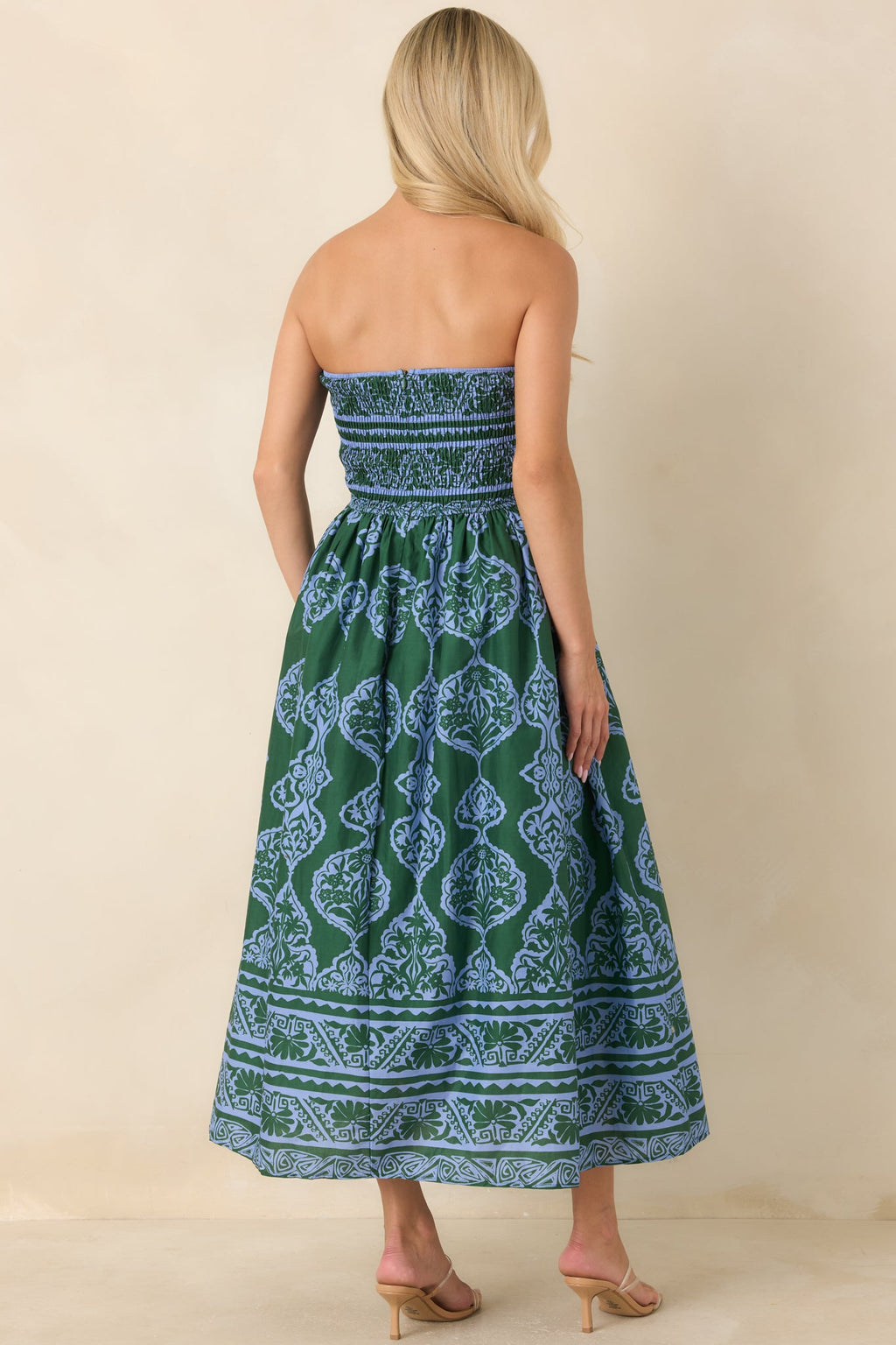 Painted Passage Green & Light Blue Cotton Strapless Midi Dress