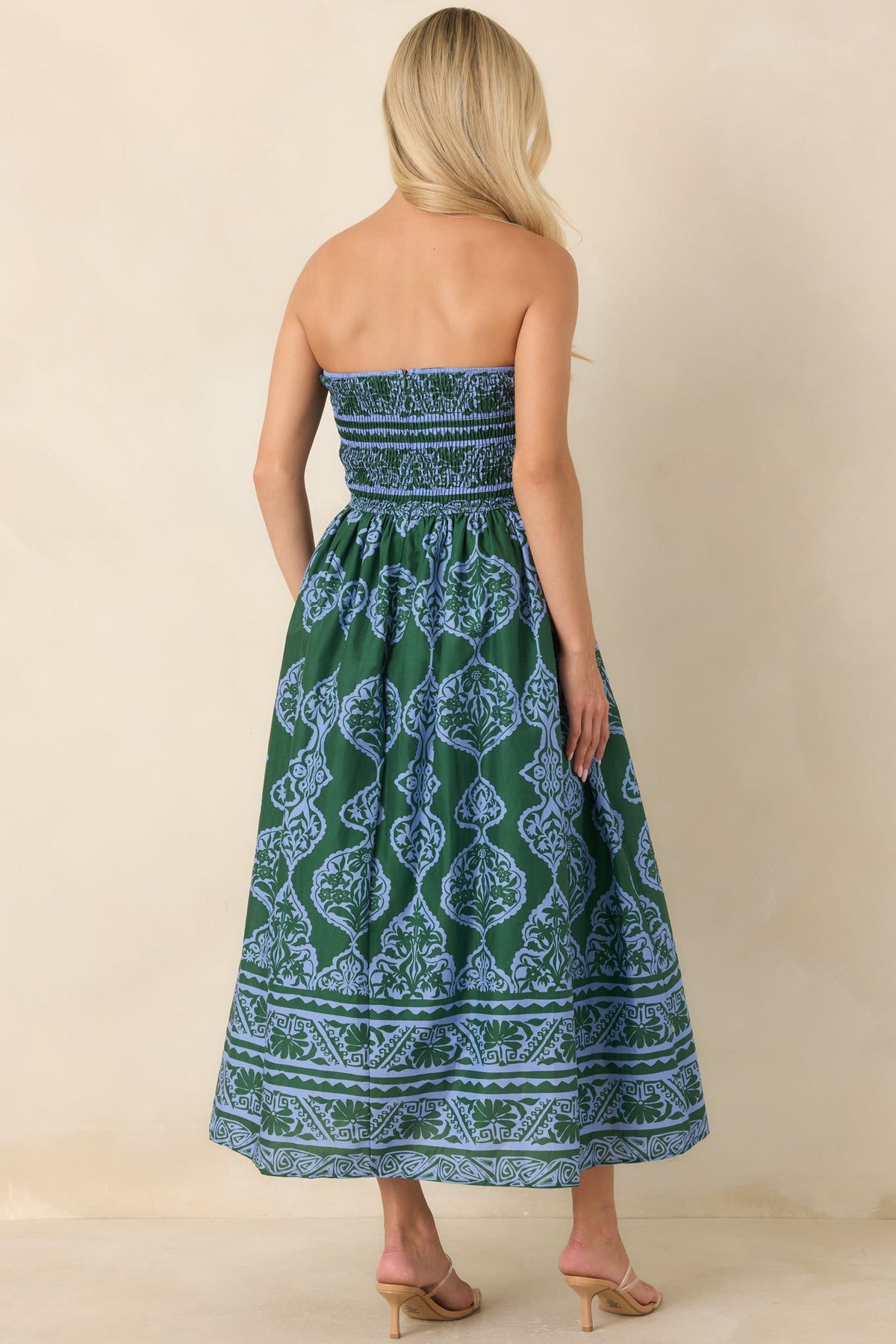 Painted Passage Green & Light Blue Cotton Strapless Midi Dress