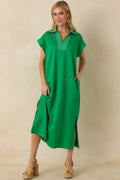 Let It Play Out Green Knit Contrast Detail V-Neck Short Sleeve Midi Dress
