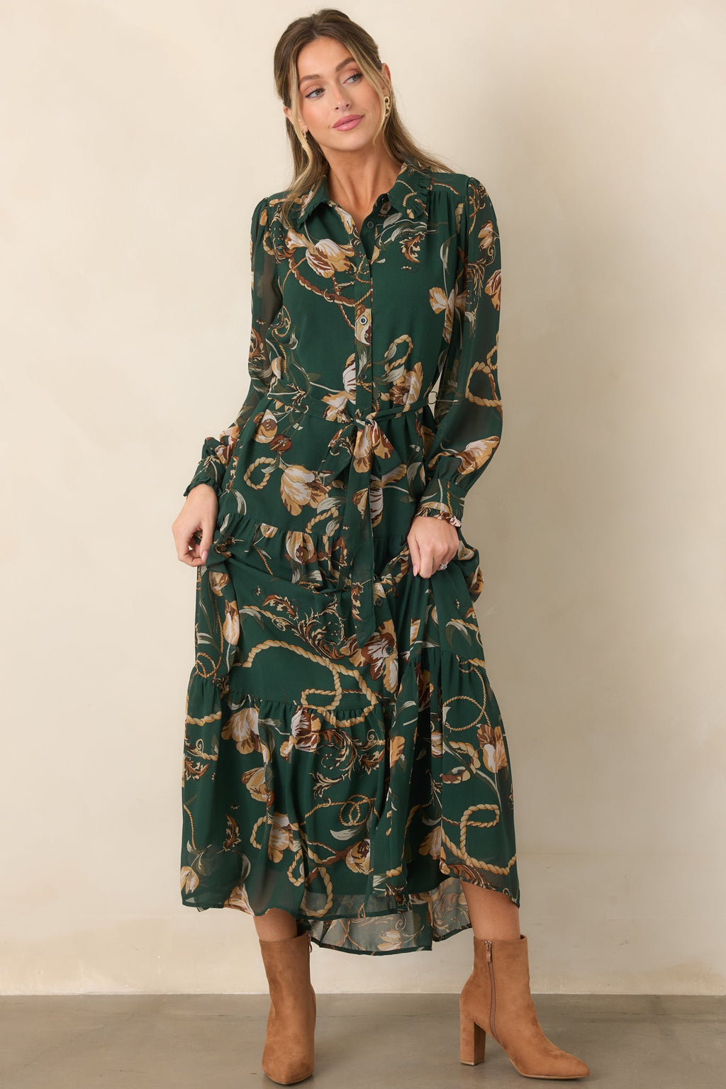 Weekend at the Manor Forest Green Floral Rope Print Tie-Waist Maxi Dress