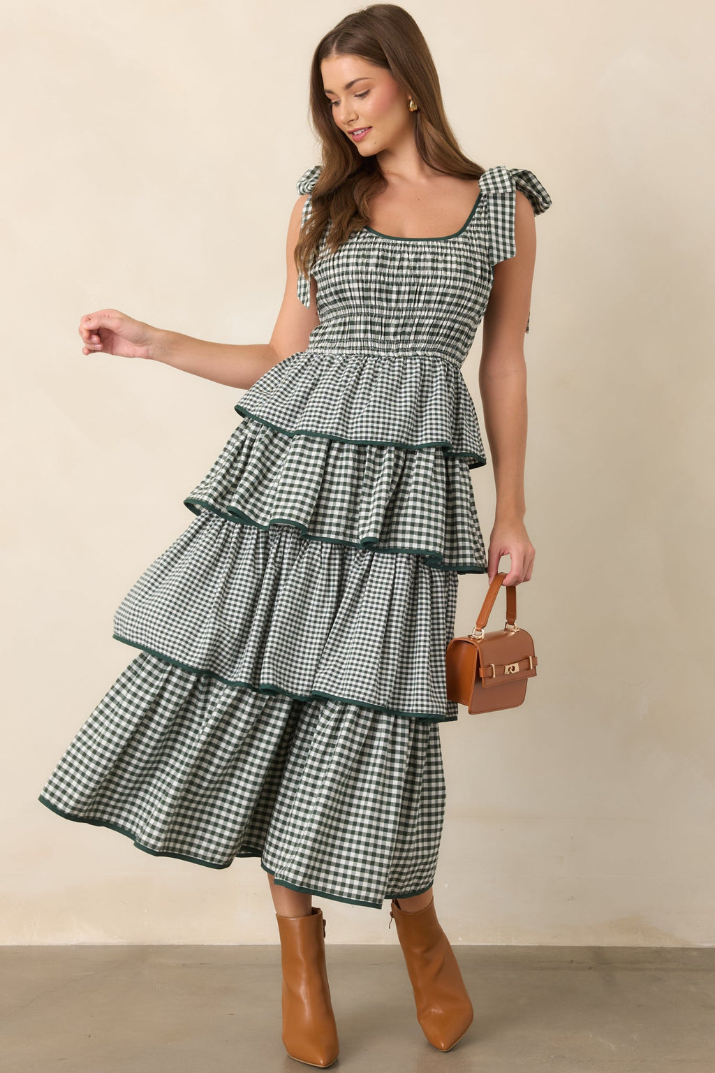 Garden Party Plans Hunter Green Gingham Tiered Midi Dress