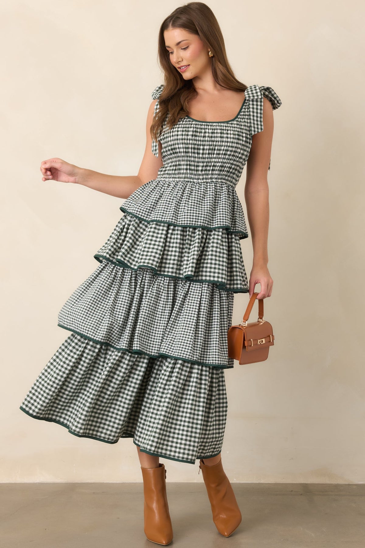 Garden Party Plans Hunter Green Gingham Tiered Midi Dress