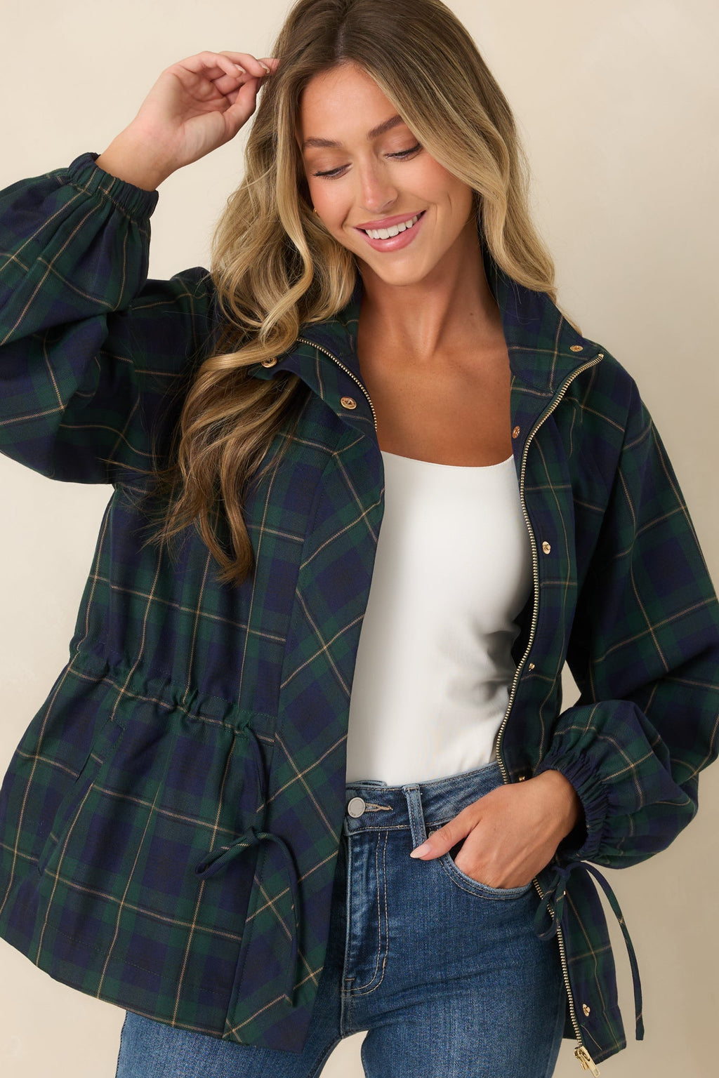 Season in Session Green & Navy Plaid Cinch Waist Jacket
