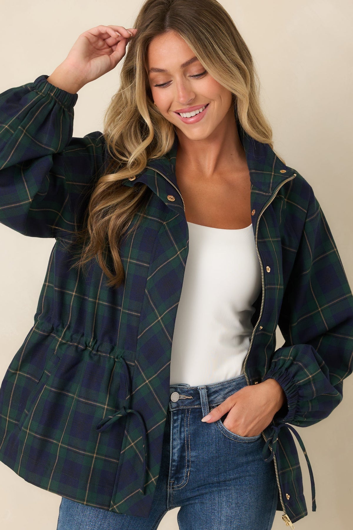 Season in Session Green & Navy Plaid Cinch Waist Jacket