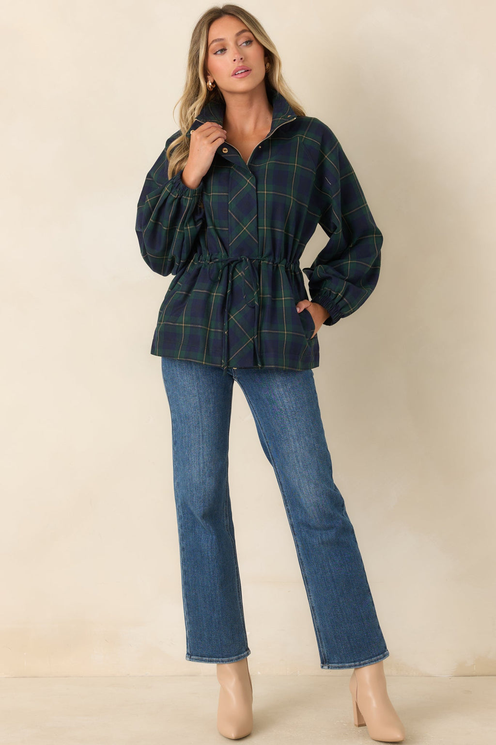 Season in Session Green & Navy Plaid Cinch Waist Jacket