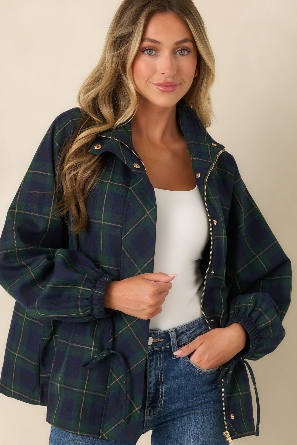 Season in Session Green & Navy Plaid Cinch Waist Jacket