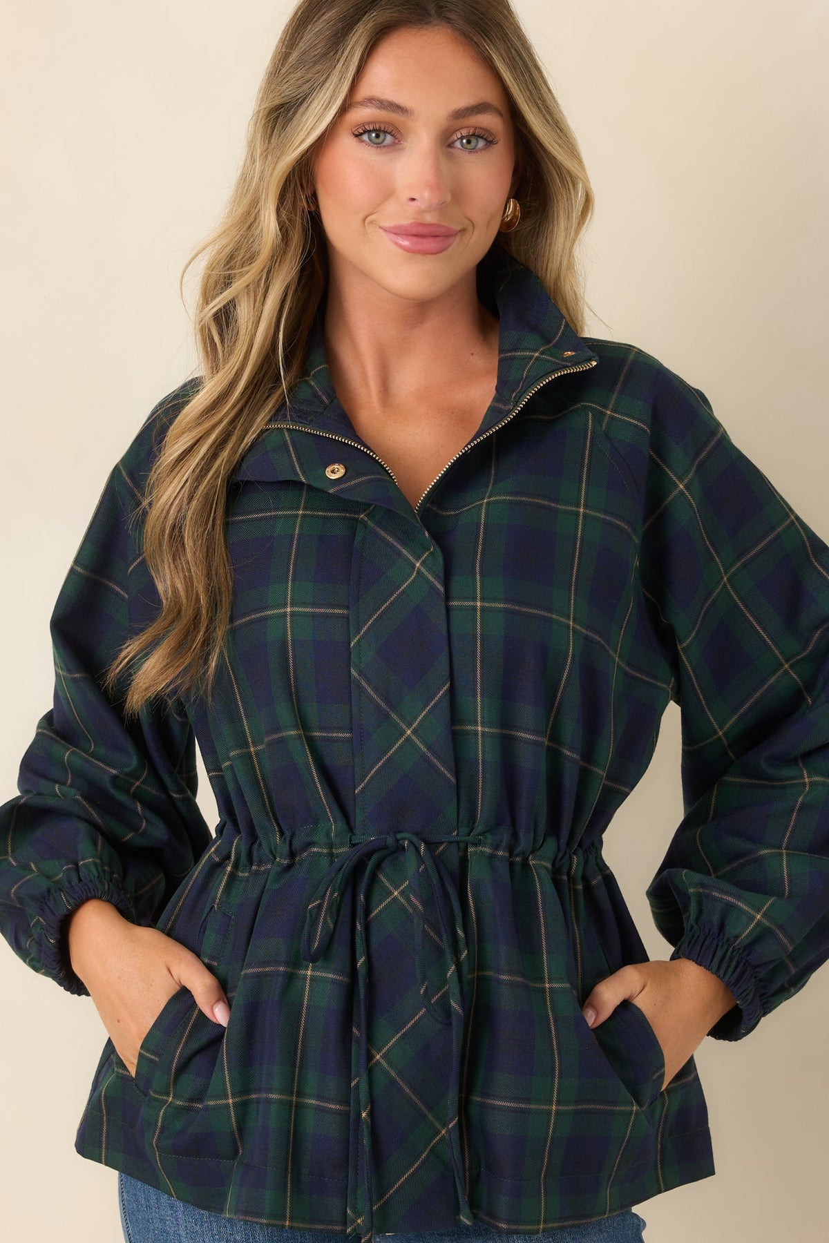 Season in Session Green & Navy Plaid Cinch Waist Jacket