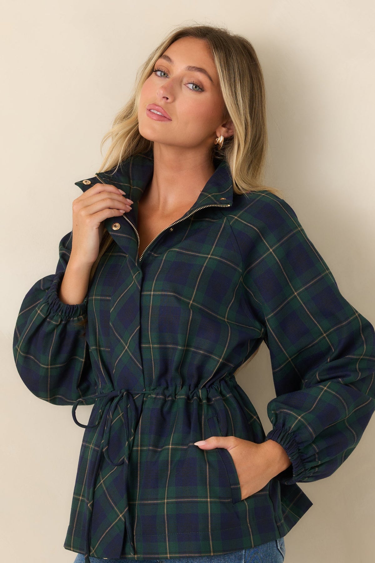 Season in Session Green & Navy Plaid Cinch Waist Jacket