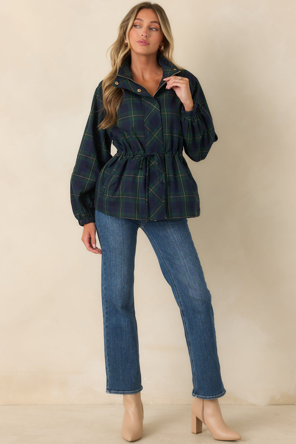 Season in Session Green & Navy Plaid Cinch Waist Jacket