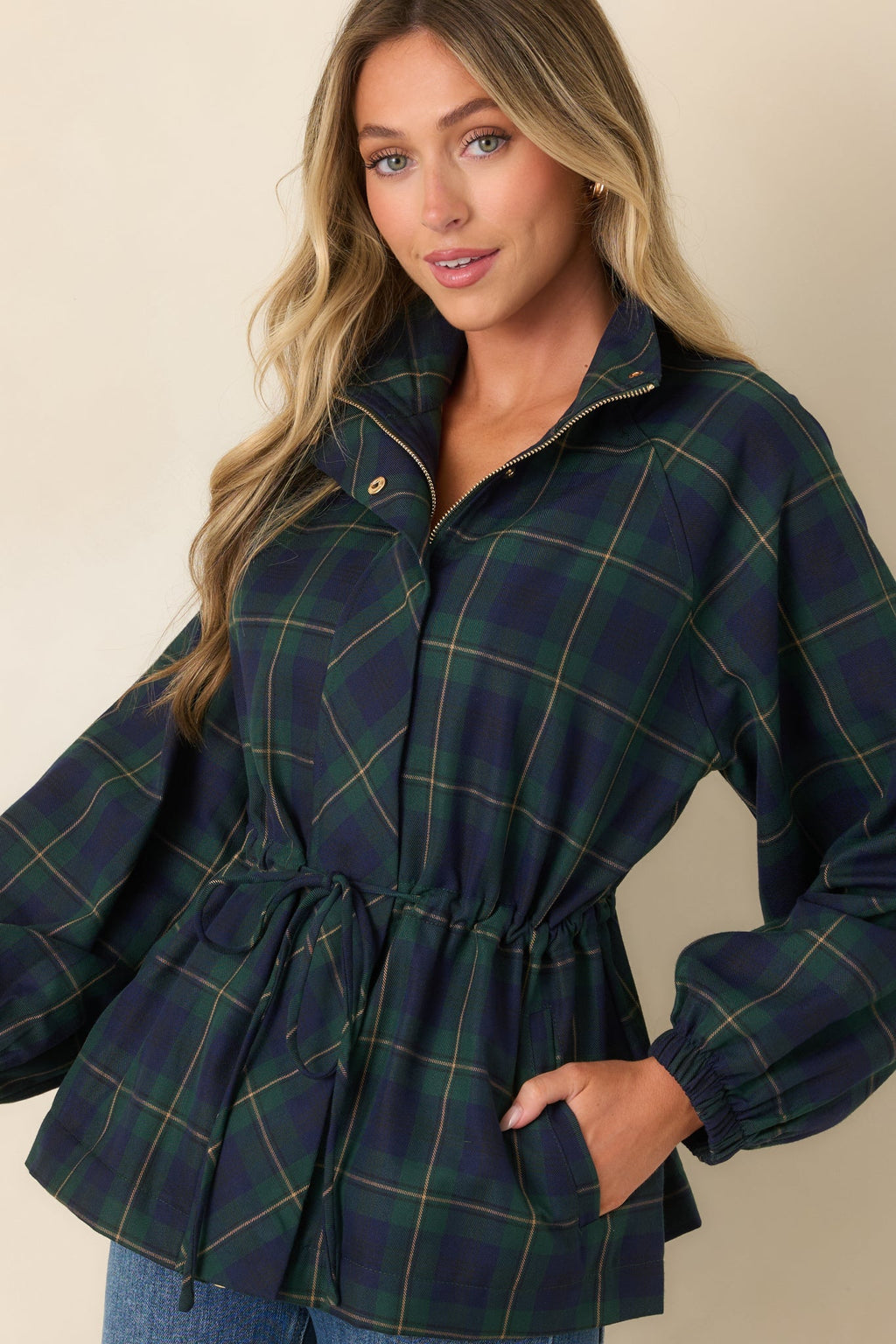 Season in Session Green & Navy Plaid Cinch Waist Jacket